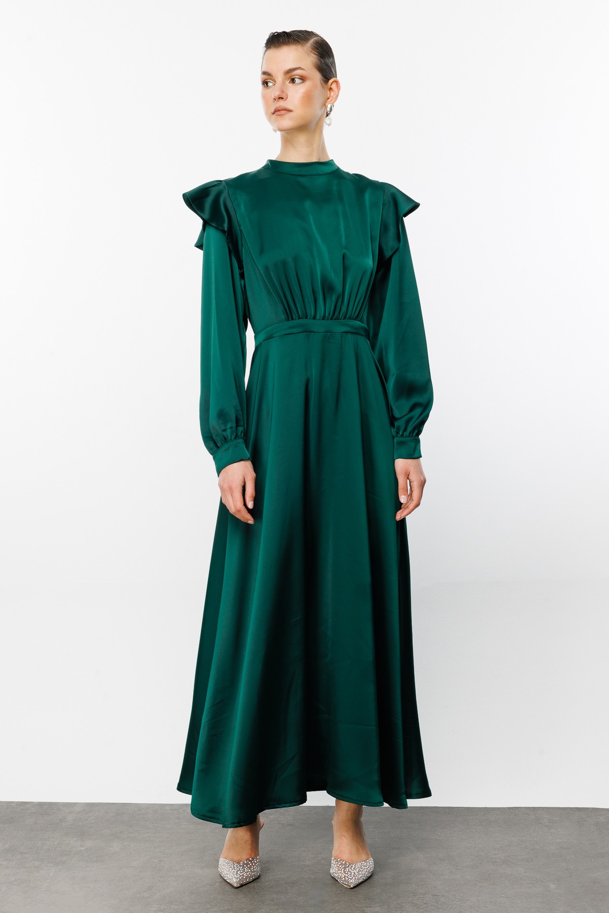 Flounce Shoulder Draped Satin Dress - Emerald