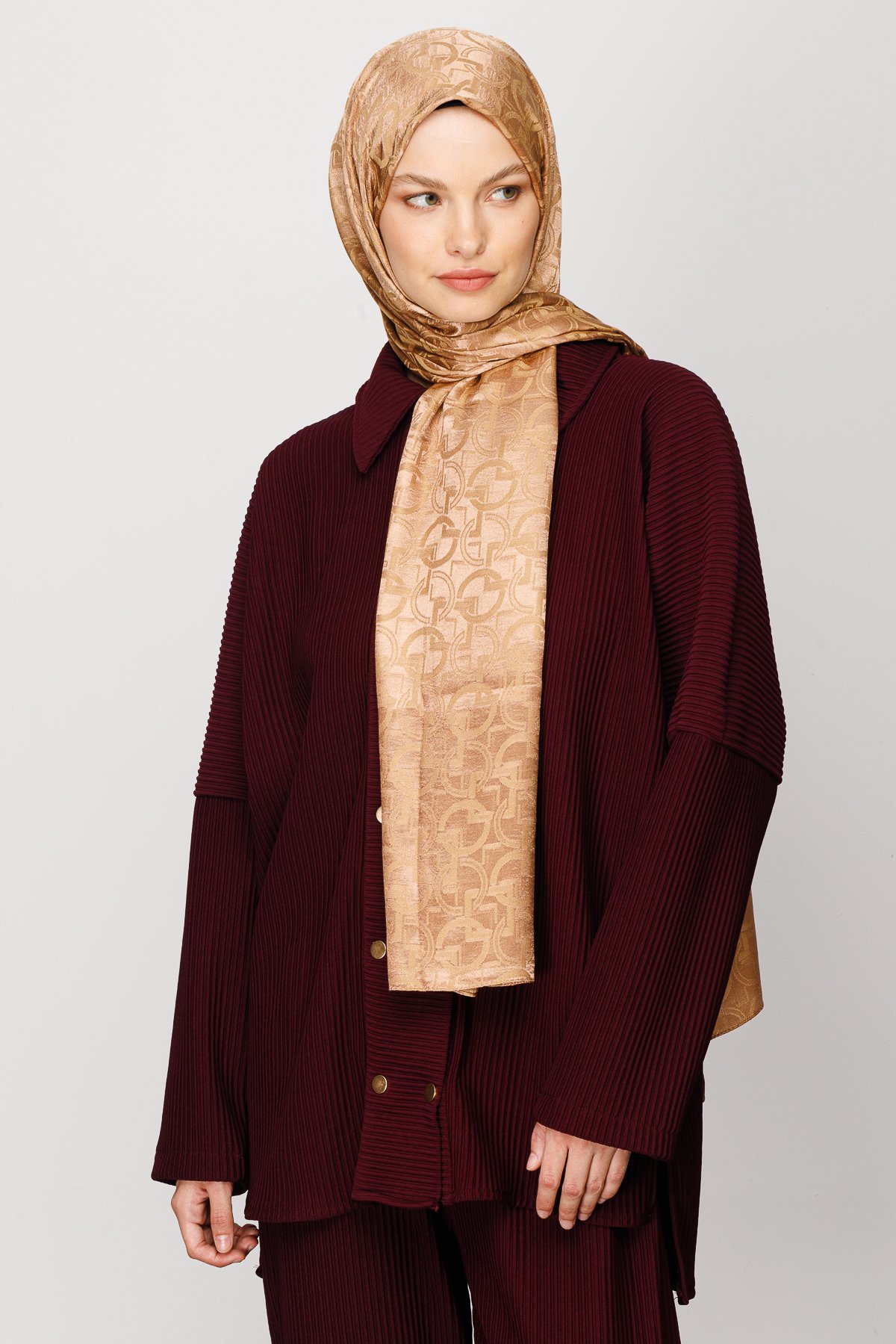 Longar Pattern Shiny Jacquard Shawl - Biscuit