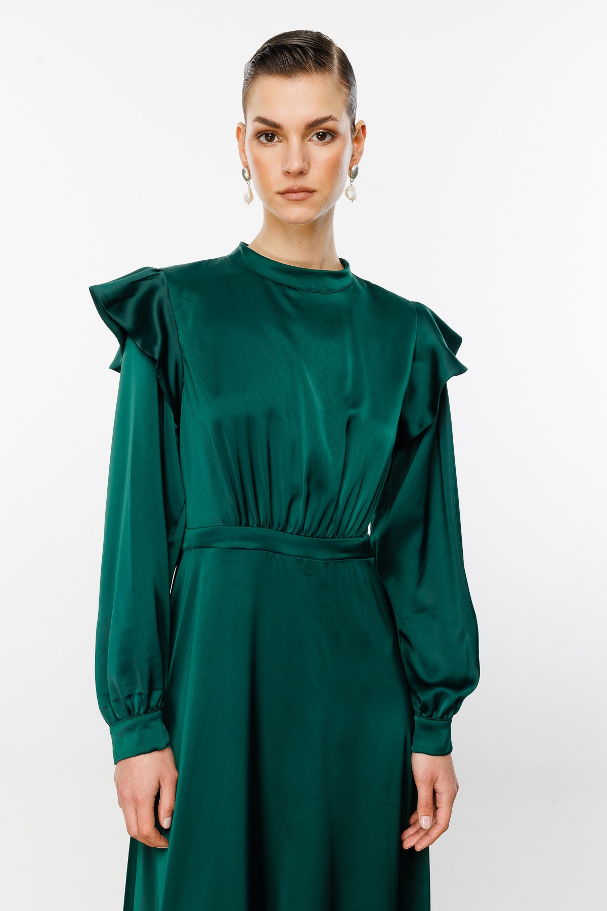Flounce Shoulder Draped Satin Dress - Emerald