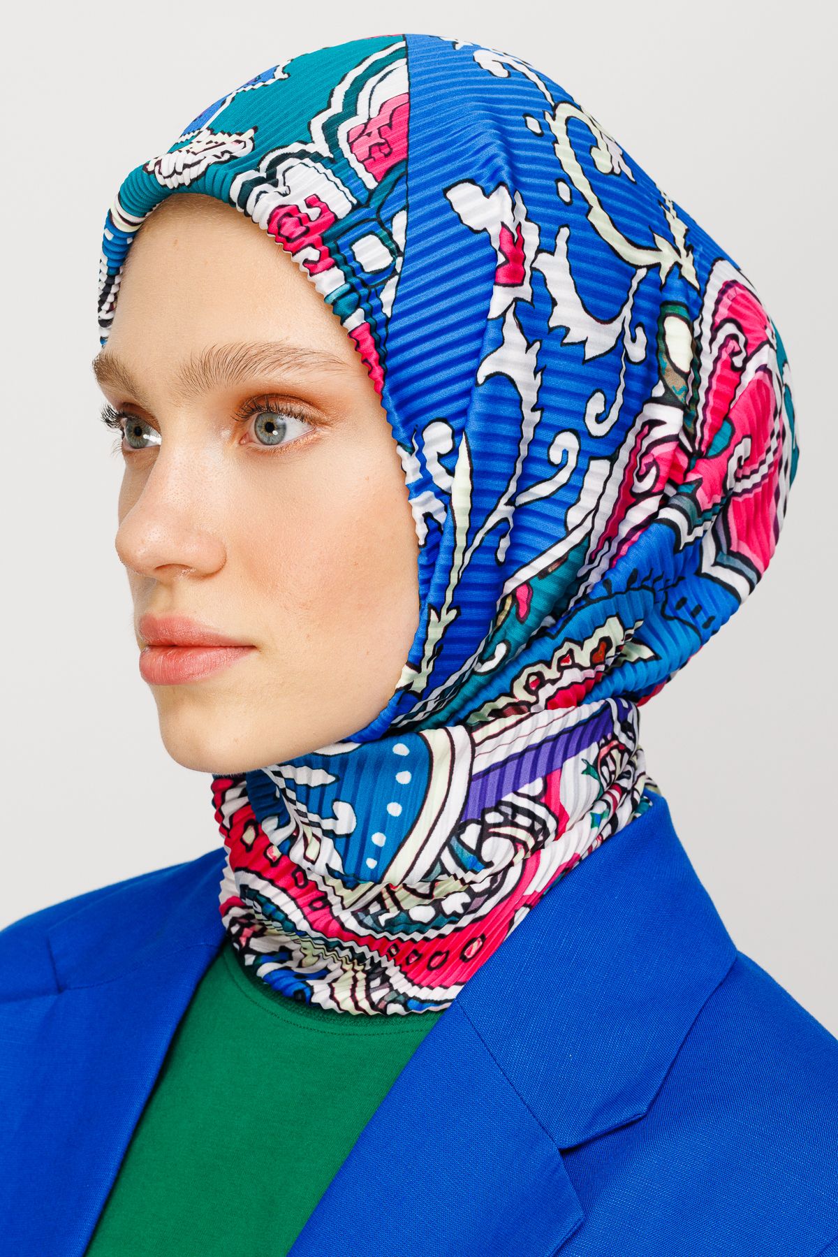 40 Patch Pattern Pleated Scarf - Sax Blue
