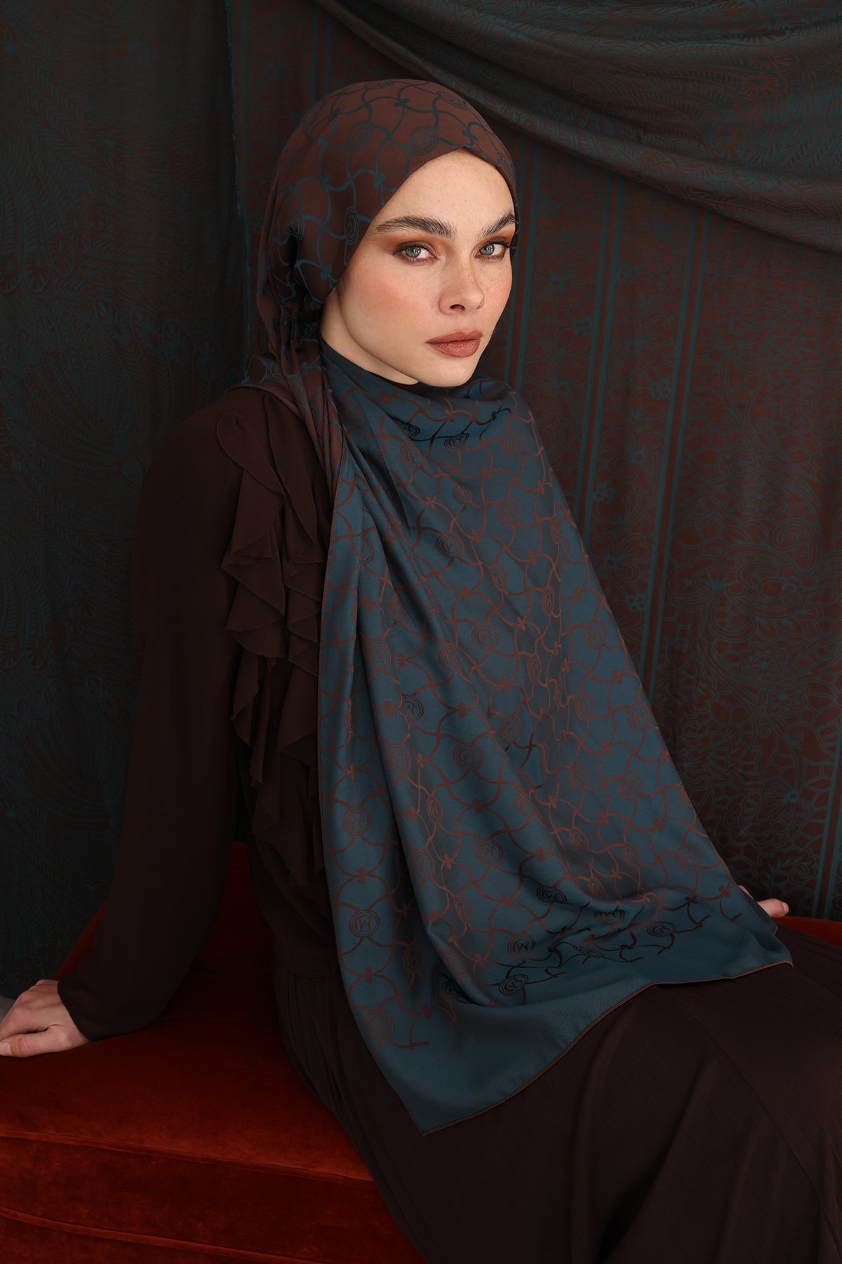 Marrakech Pattern Double-Sided Shawl - Bitter Coffee-Petroleum Blue