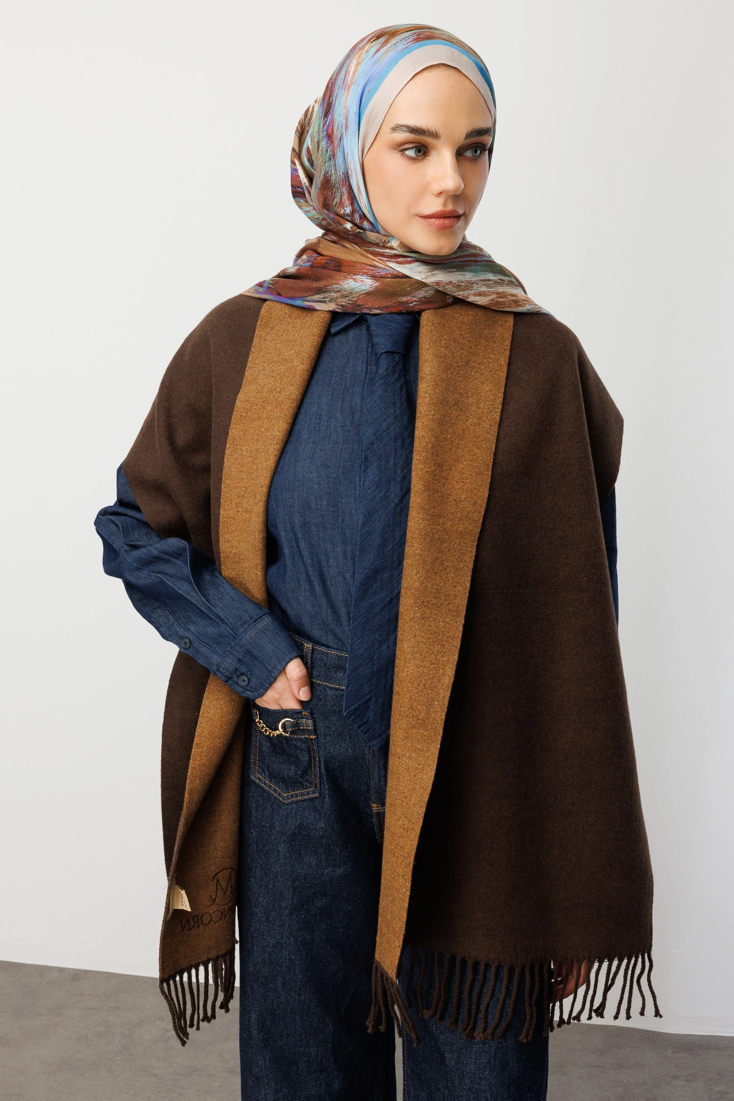 Çift Taraflı Yün Atkı - Kahverengi Bitter