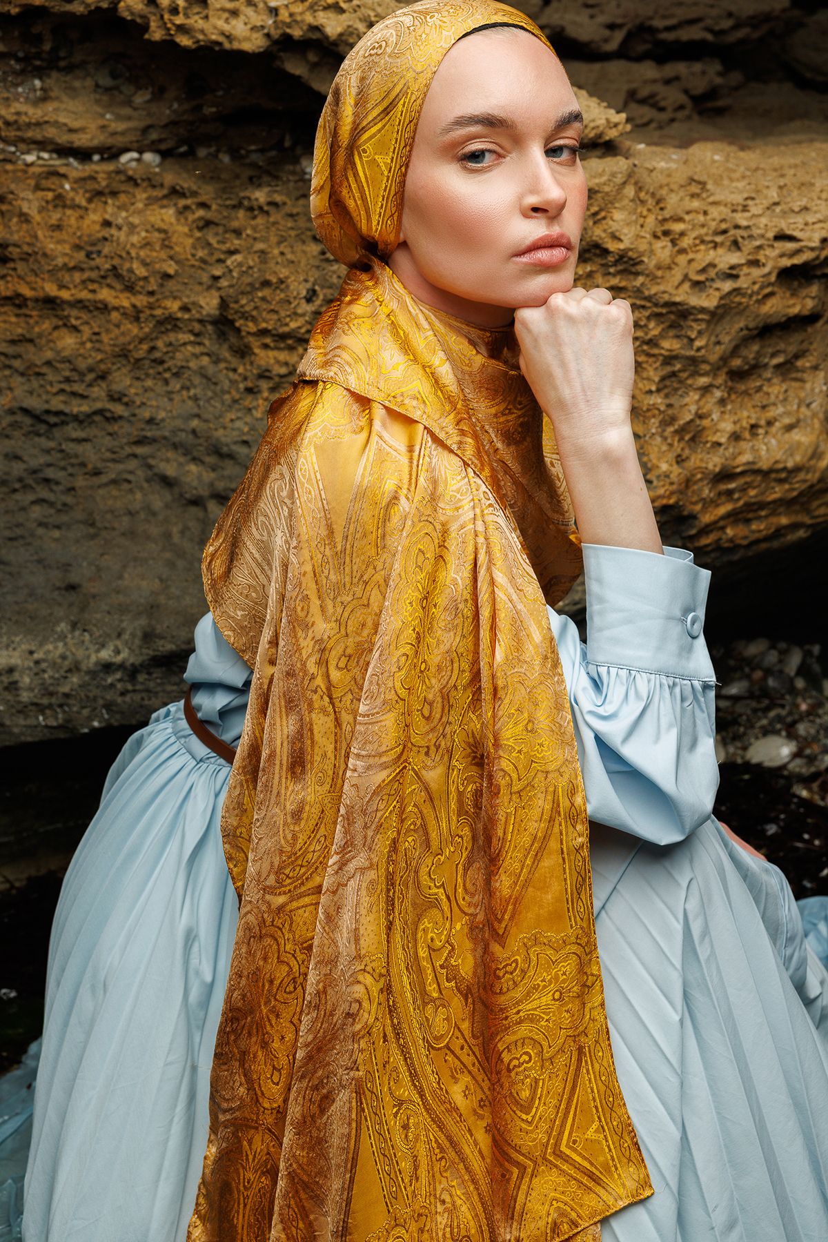 Liva Pattern Shine Line Shawl - Mink-Mustard