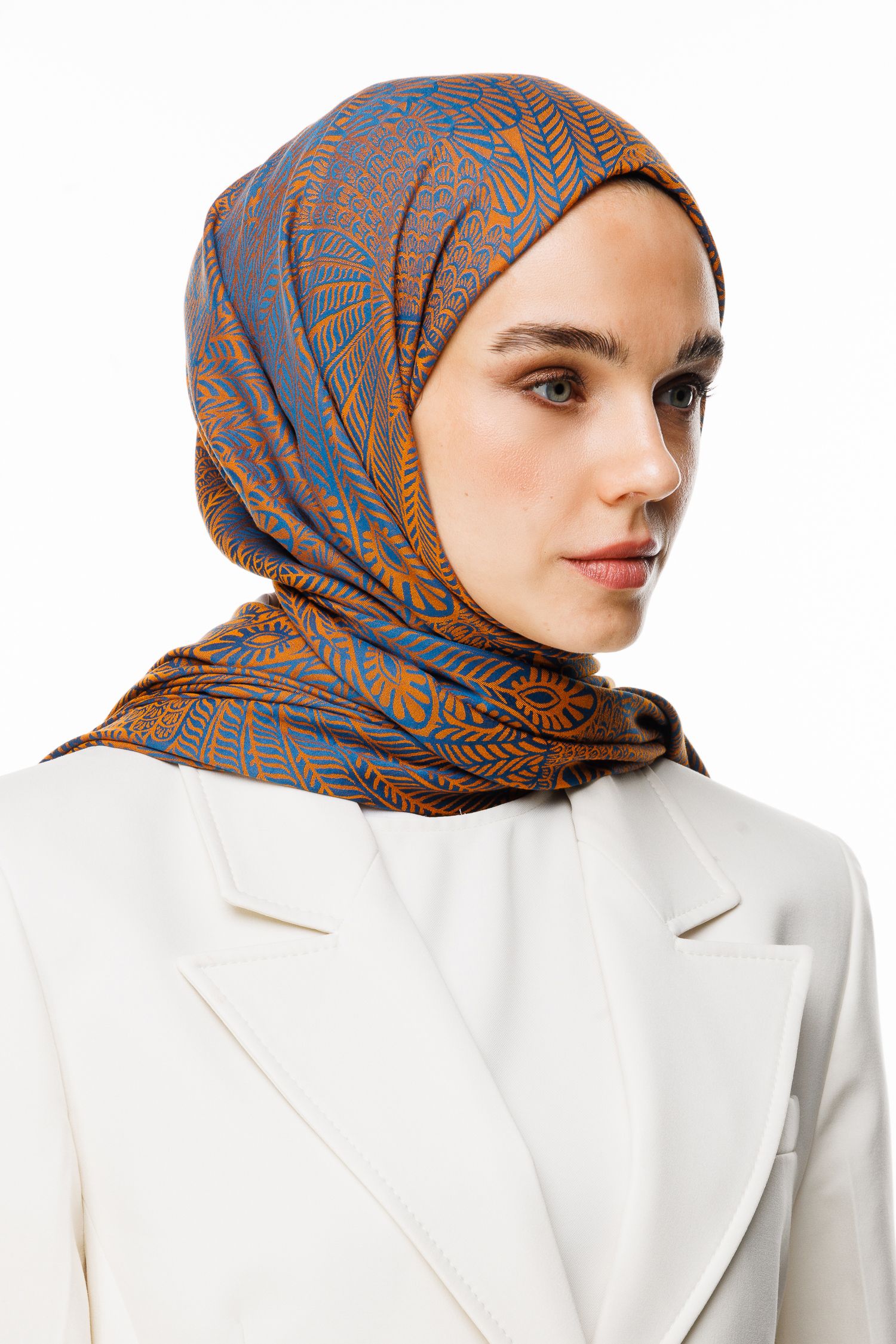 Mayra Pattern Double-Sided Shawl - Petrol Blue-Orange