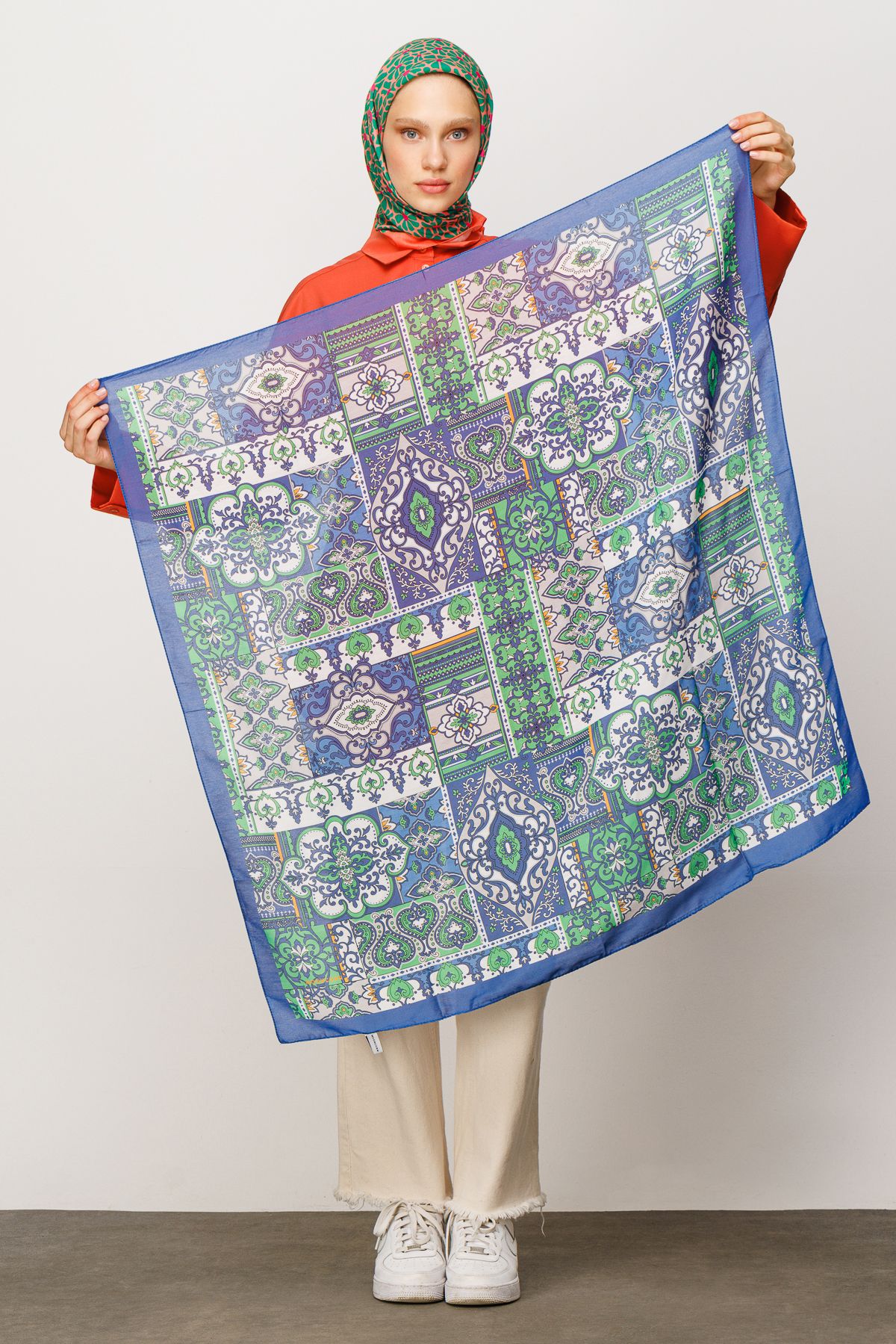 40 Patch Pattern Digital Soft Scarf - İndigo
