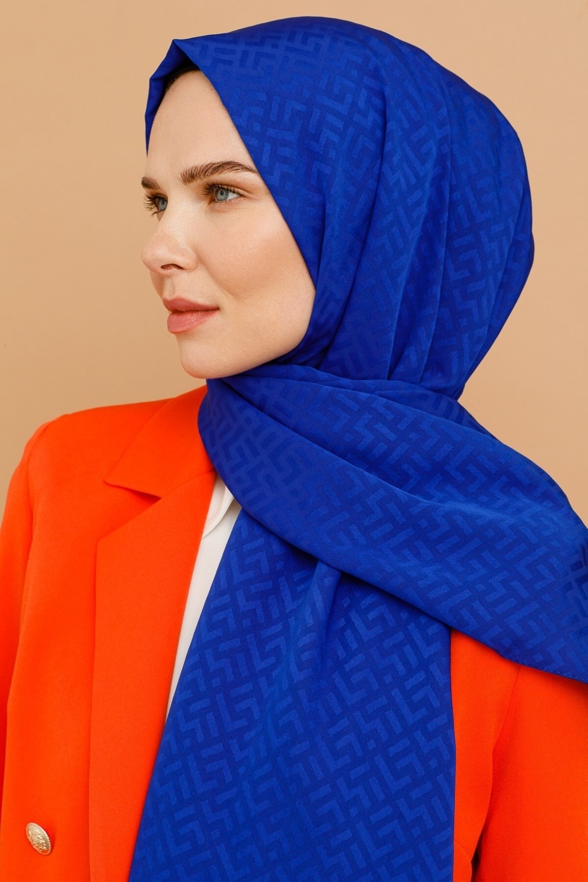 Saks Mavi Z Desen İpeksi Jakar Şal