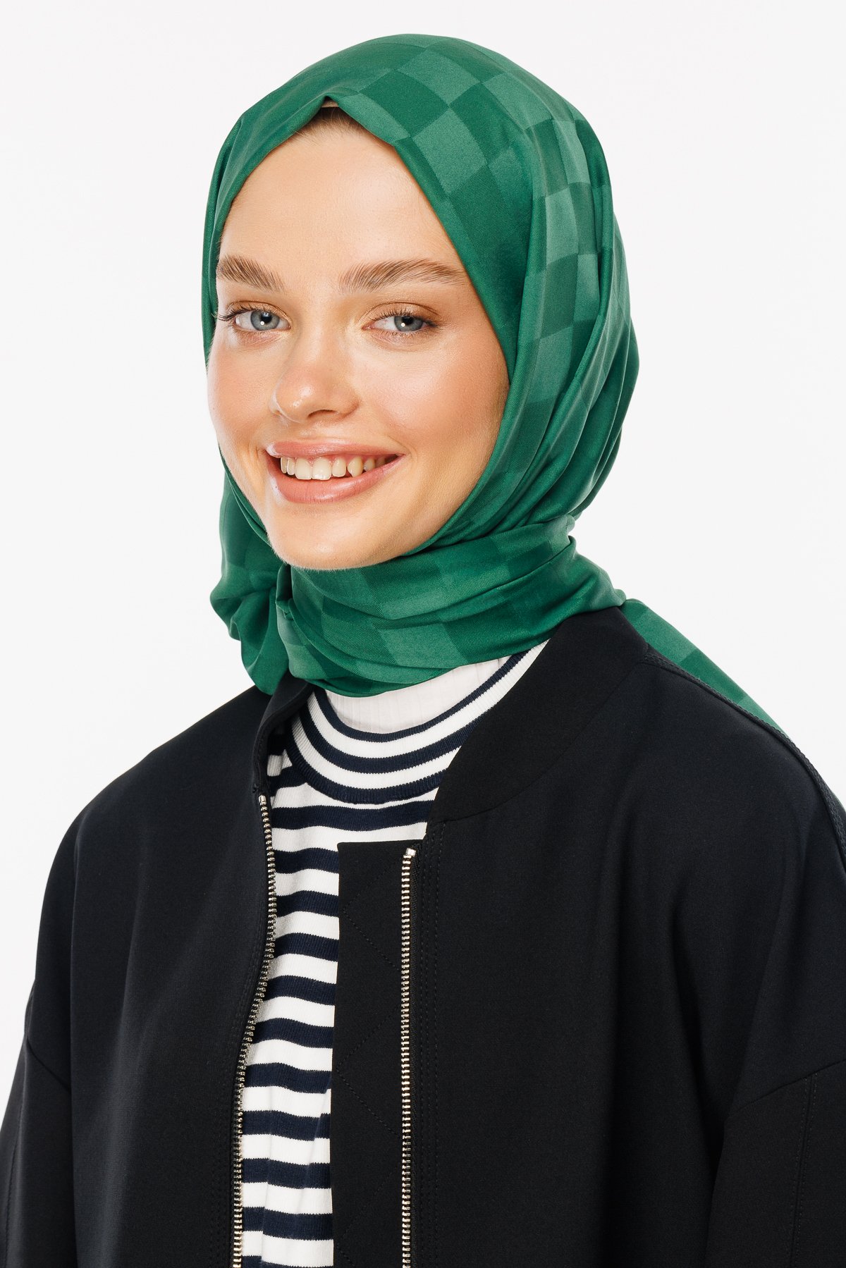 Checkers Pattern Silk Jacquard Shawl - Jade