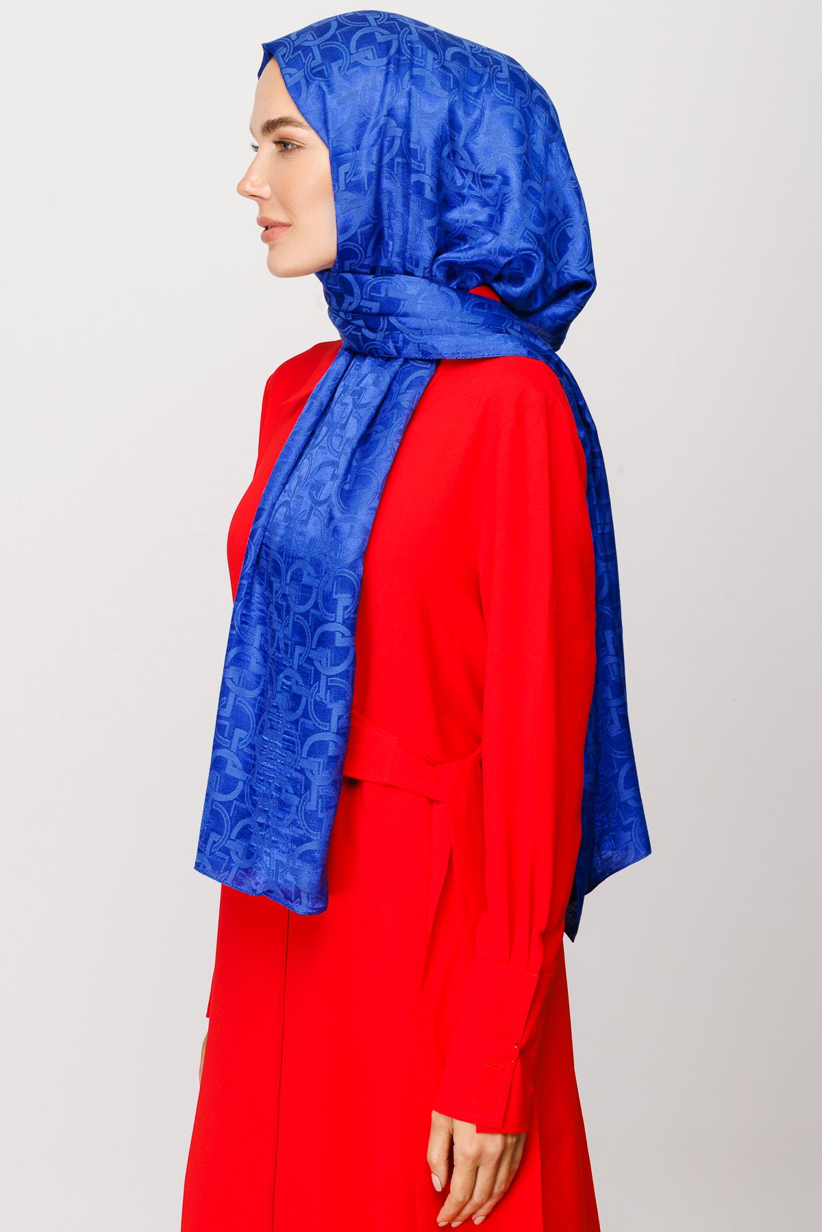 Longar Pattern Shiny Jacquard Shawl - Sax Blue
