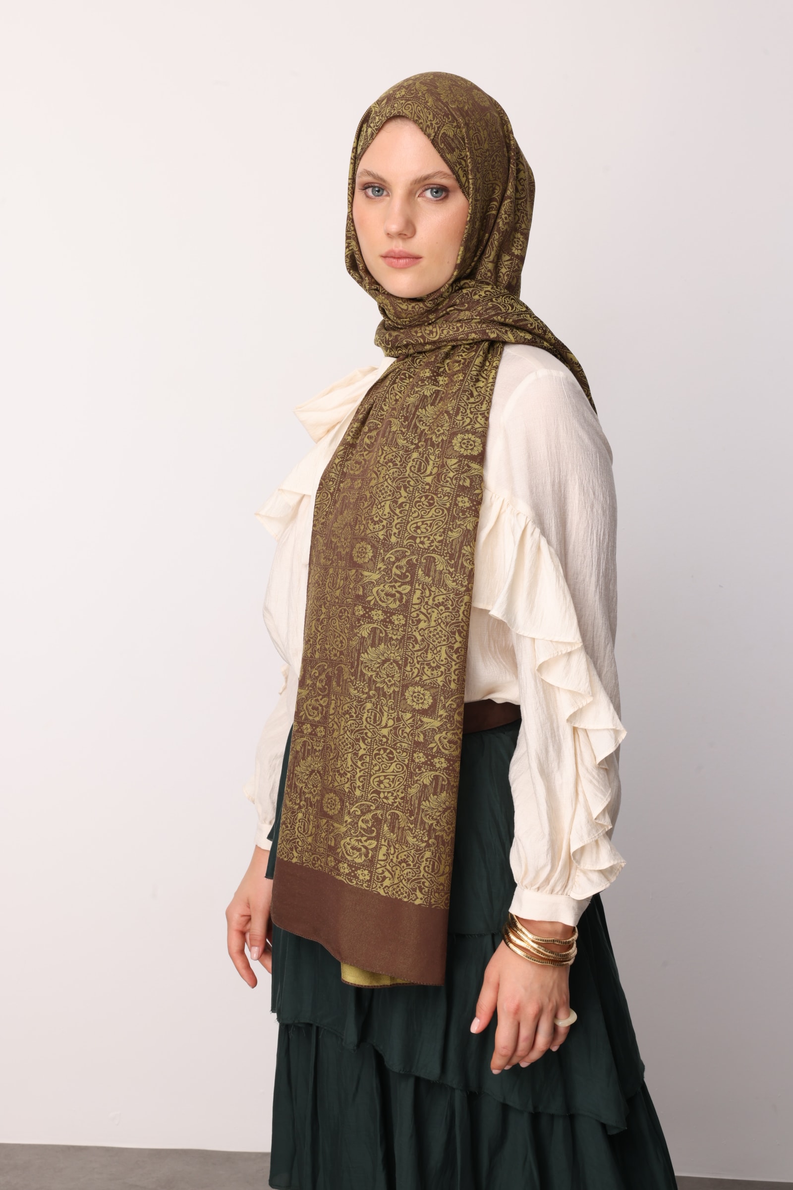Henna Desen Çift Taraflı Şal - Acı Kahve-Somon