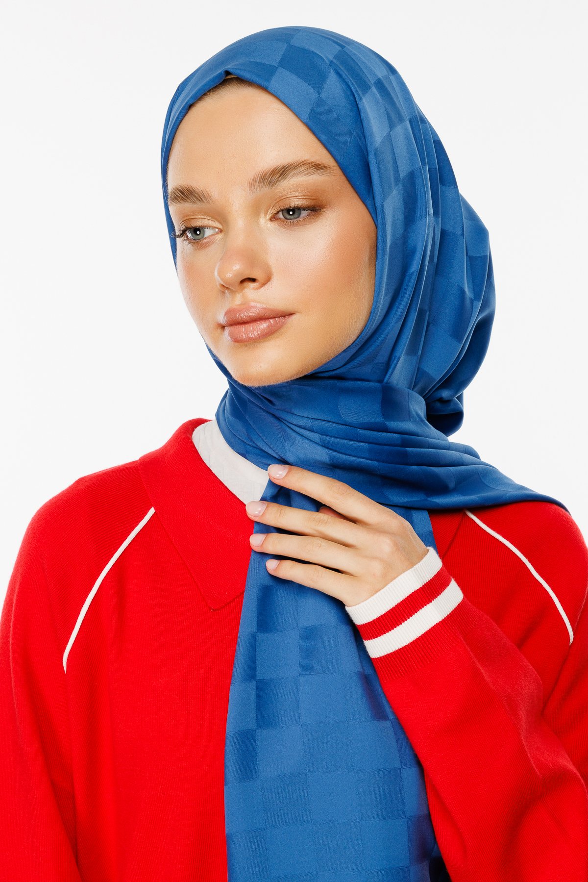 Checkers Pattern Silk Jacquard Shawl - İndigo