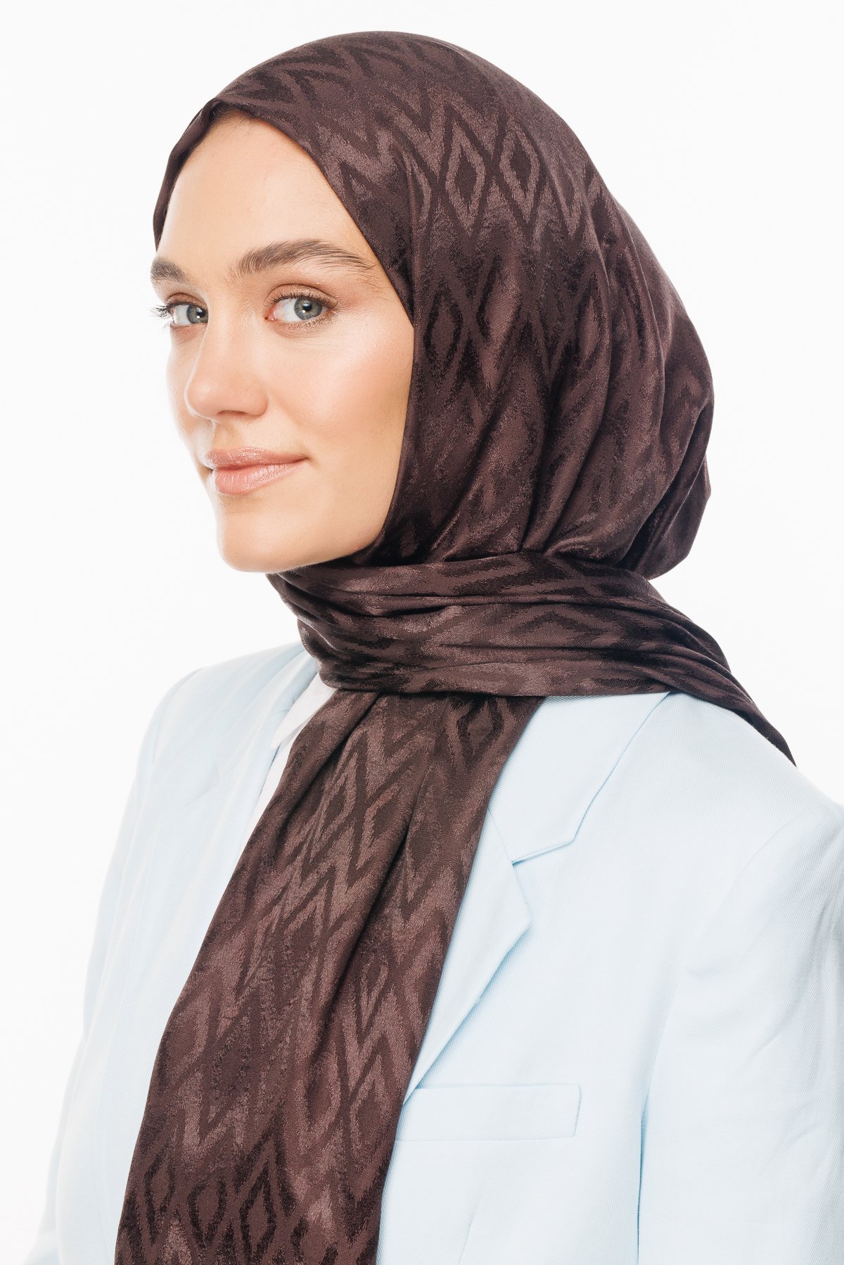Karo Pattern Shiny Jacquard Shawl - Bitter Coffee