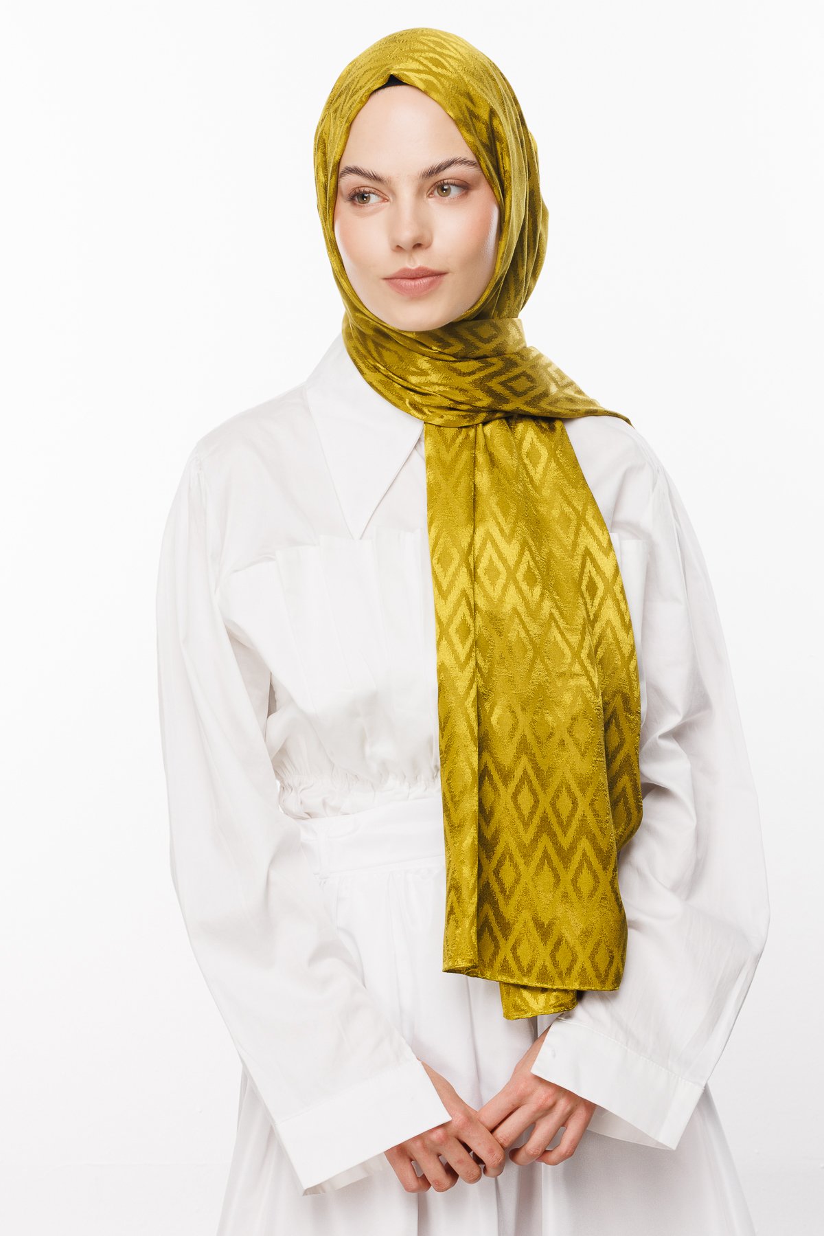 Karo Pattern Shiny Jacquard Shawl - Olive Green
