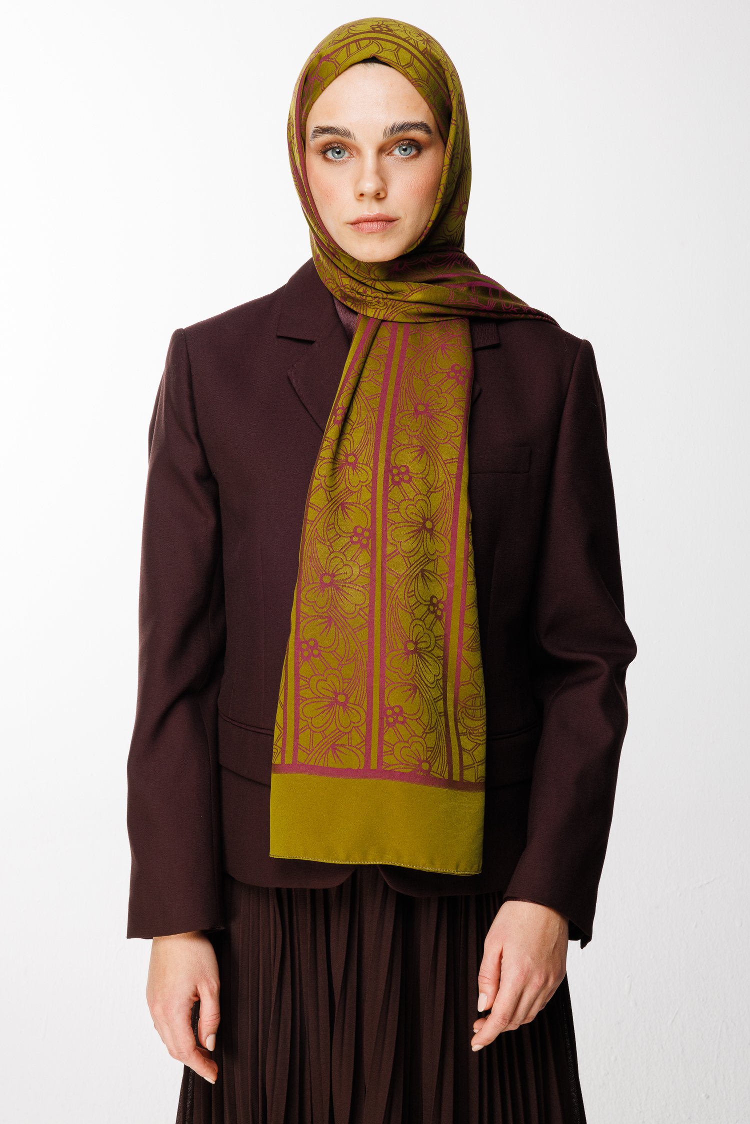 Lavin Pattern Double-Sided Shawl - Fat Green-Damson