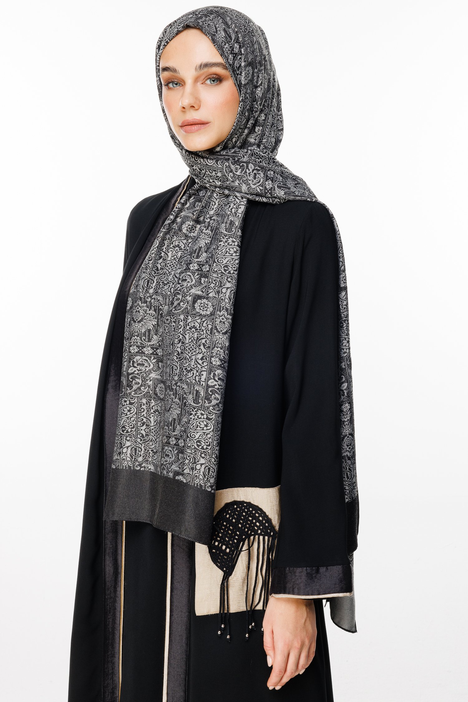 Henna Pattern Double-Sided Shawl - Black-Black