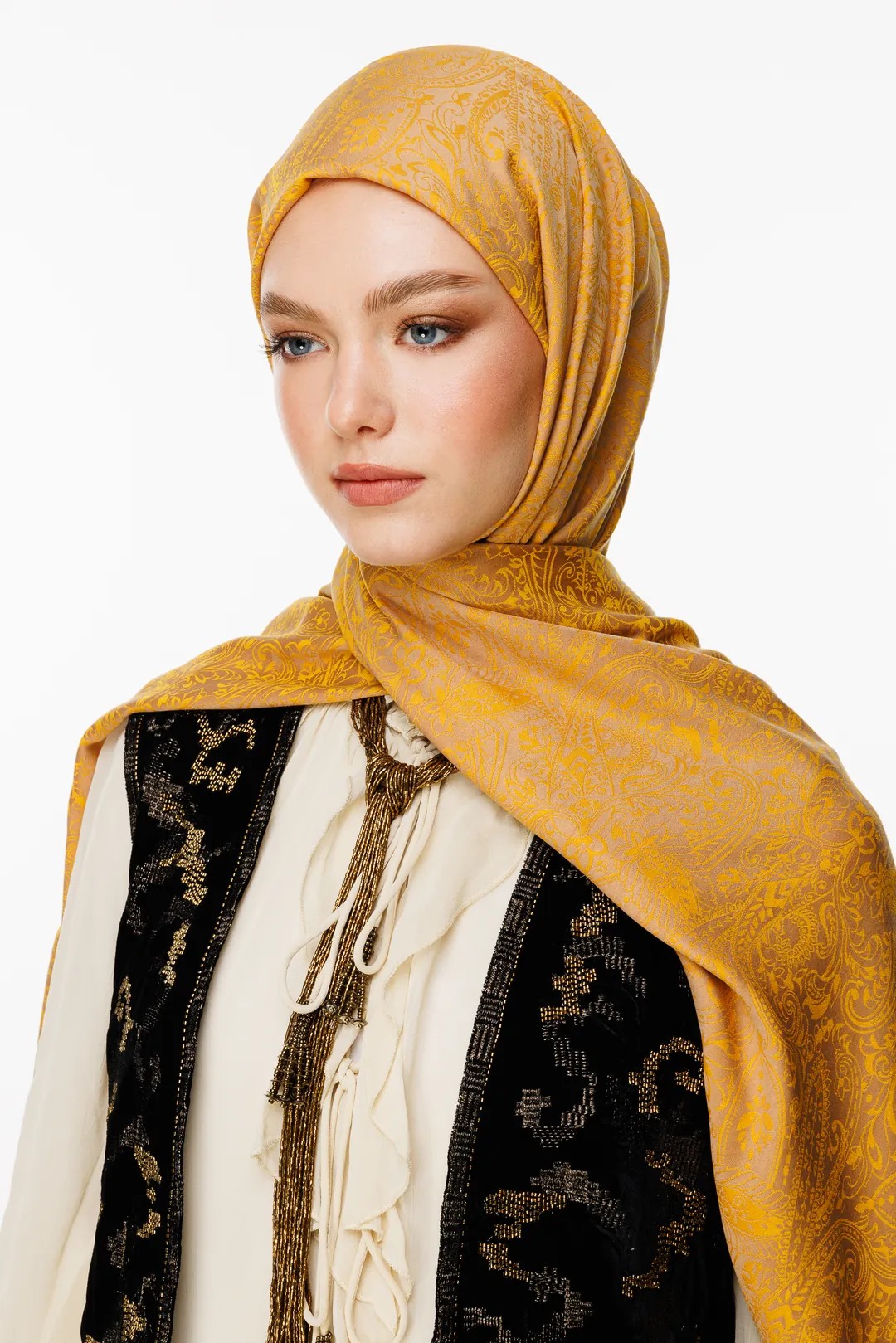 Velora-Pattern Reversible Shawl - Mink-Mustard