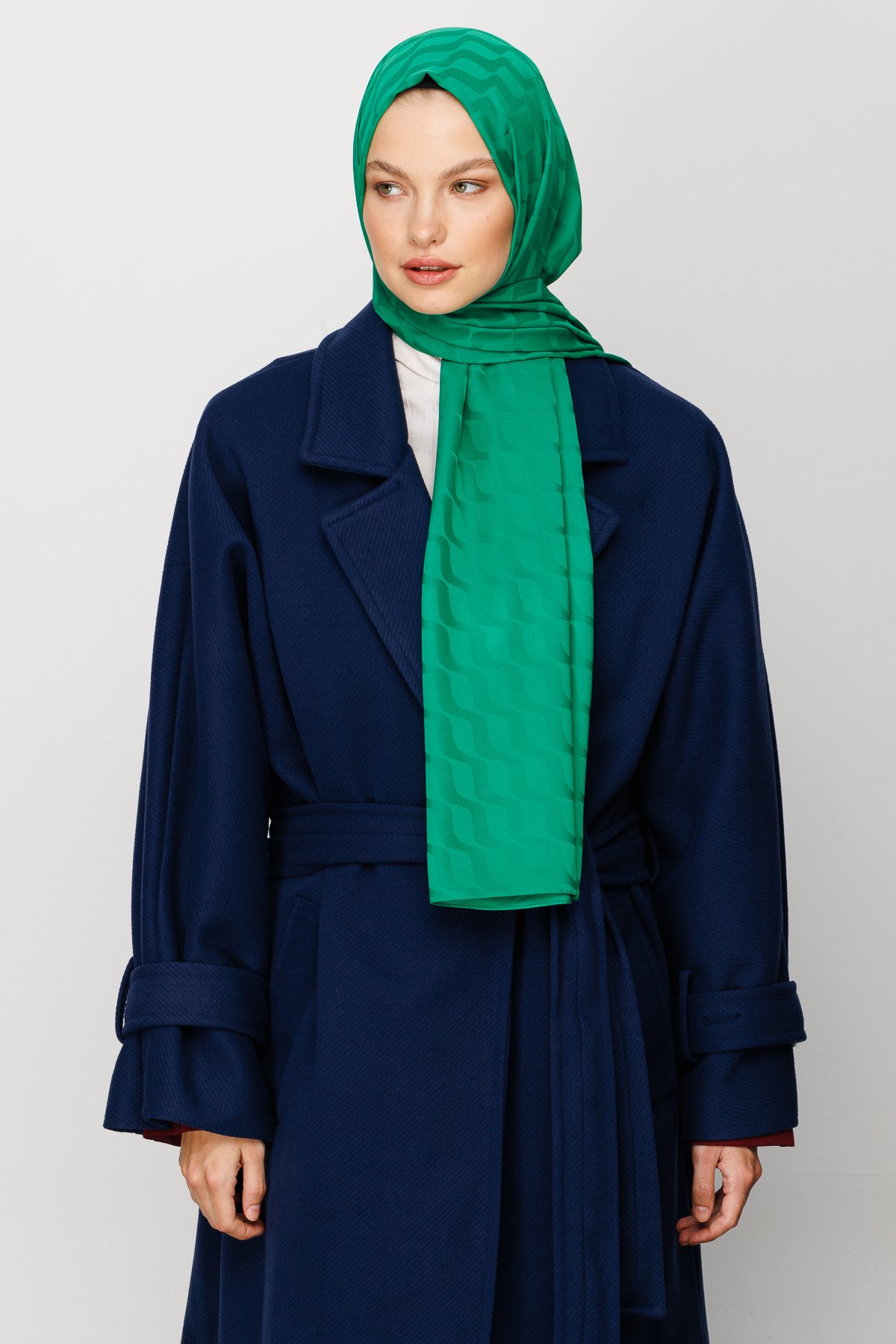 Benetton Yeşili Dalga Desen İpeksi Jakar Şal