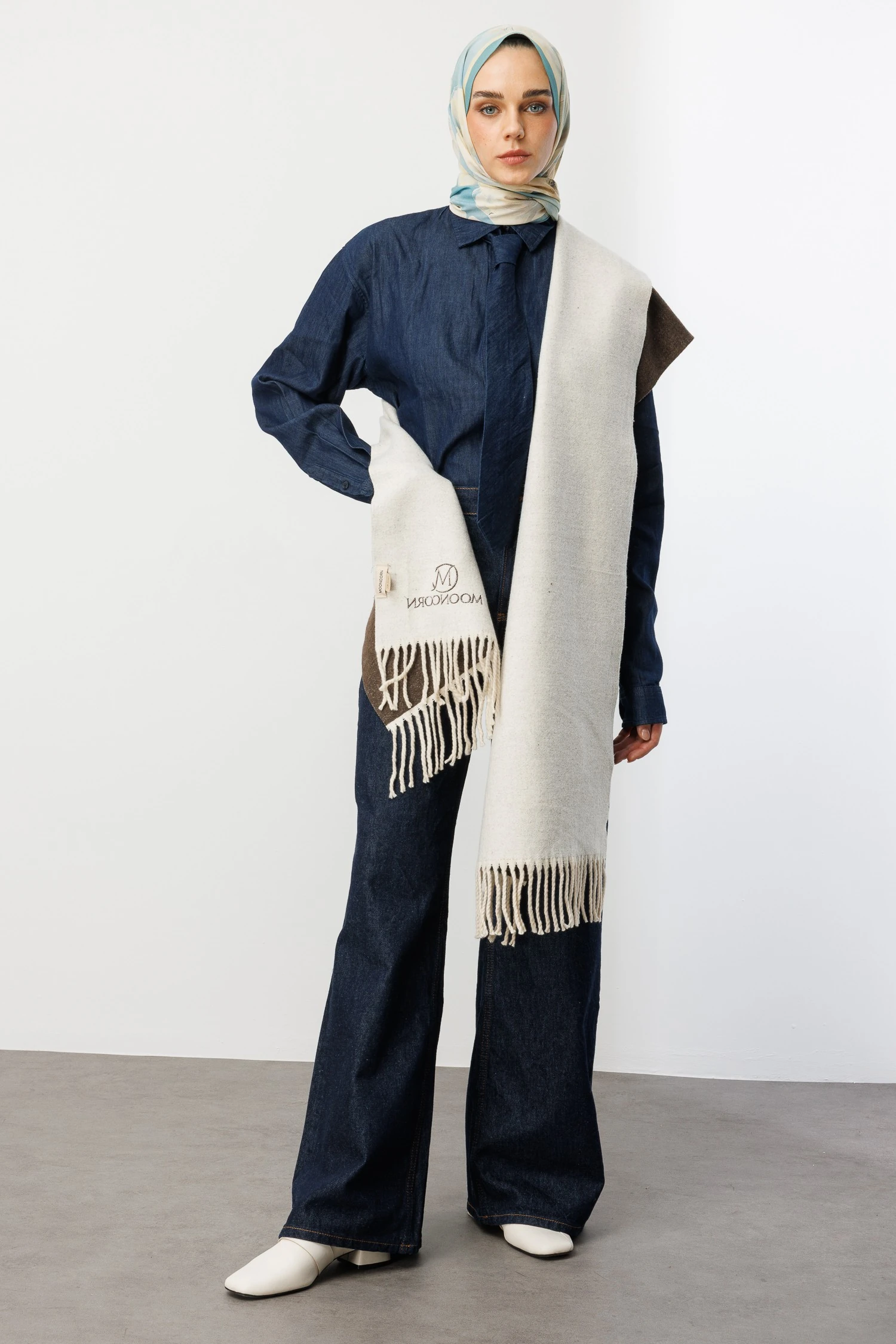 Çift Taraflı Yün Atkı - Taş Rengi Kahve