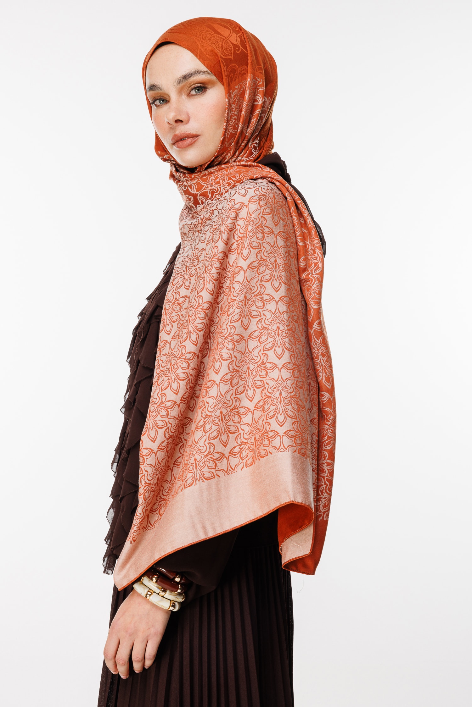 Nora-Pattern Reversible Shawl - Cinnamon-Beige