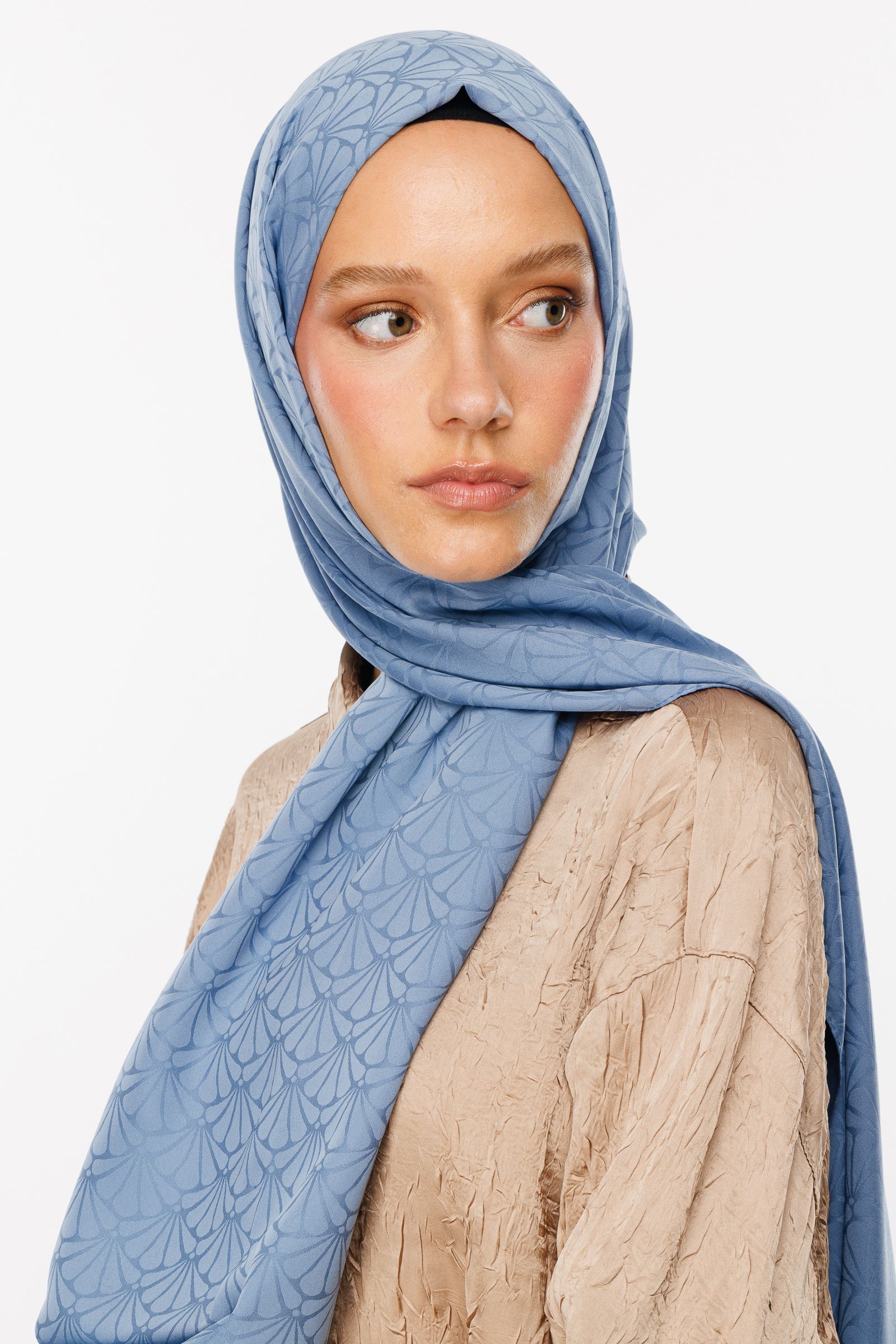 Lotus Pattern Silk Jacquard Shawl - Sky Blue