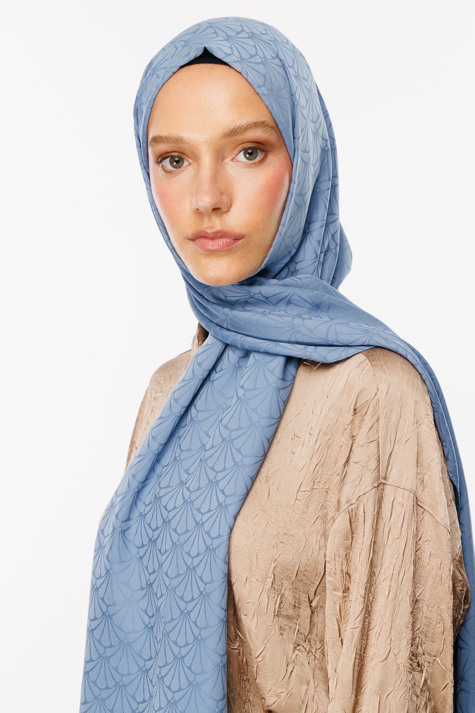 Lotus Pattern Silk Jacquard Shawl - Sky Blue