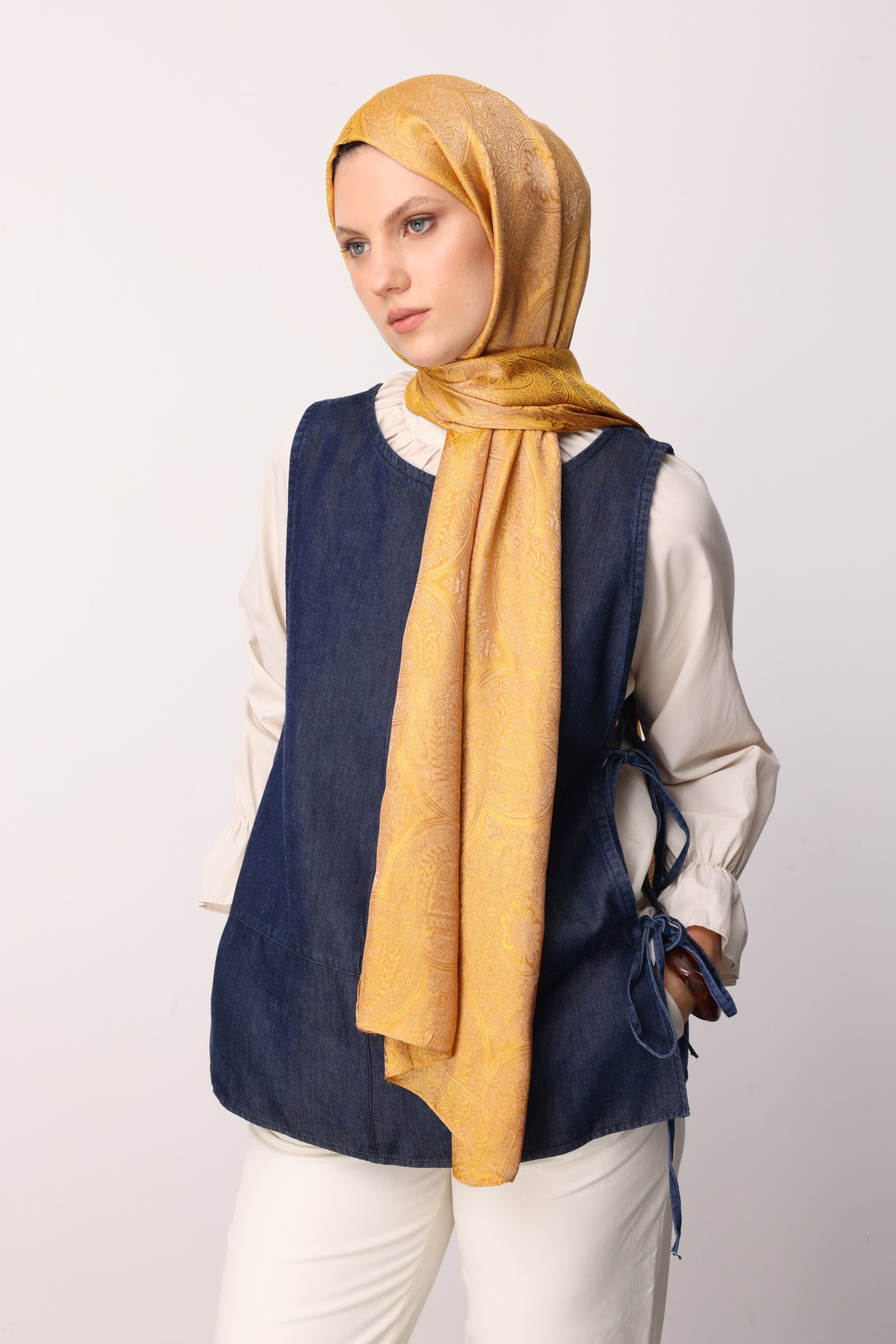 Shline Line Viscose Shawl - Mink-Mustard