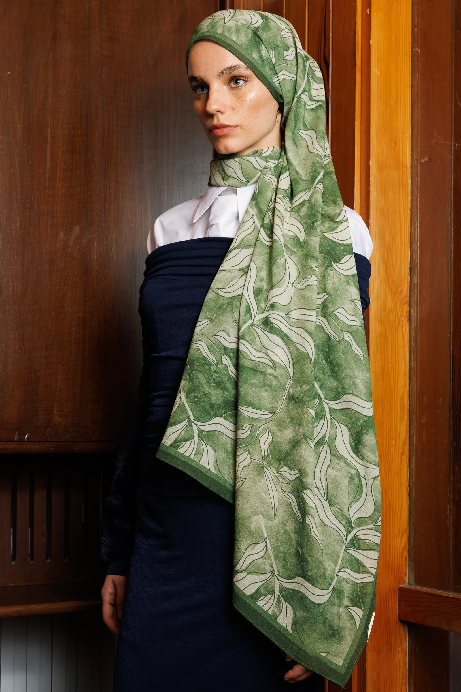 Frond Pattern Hebei Silk Shawl - Cagla Green