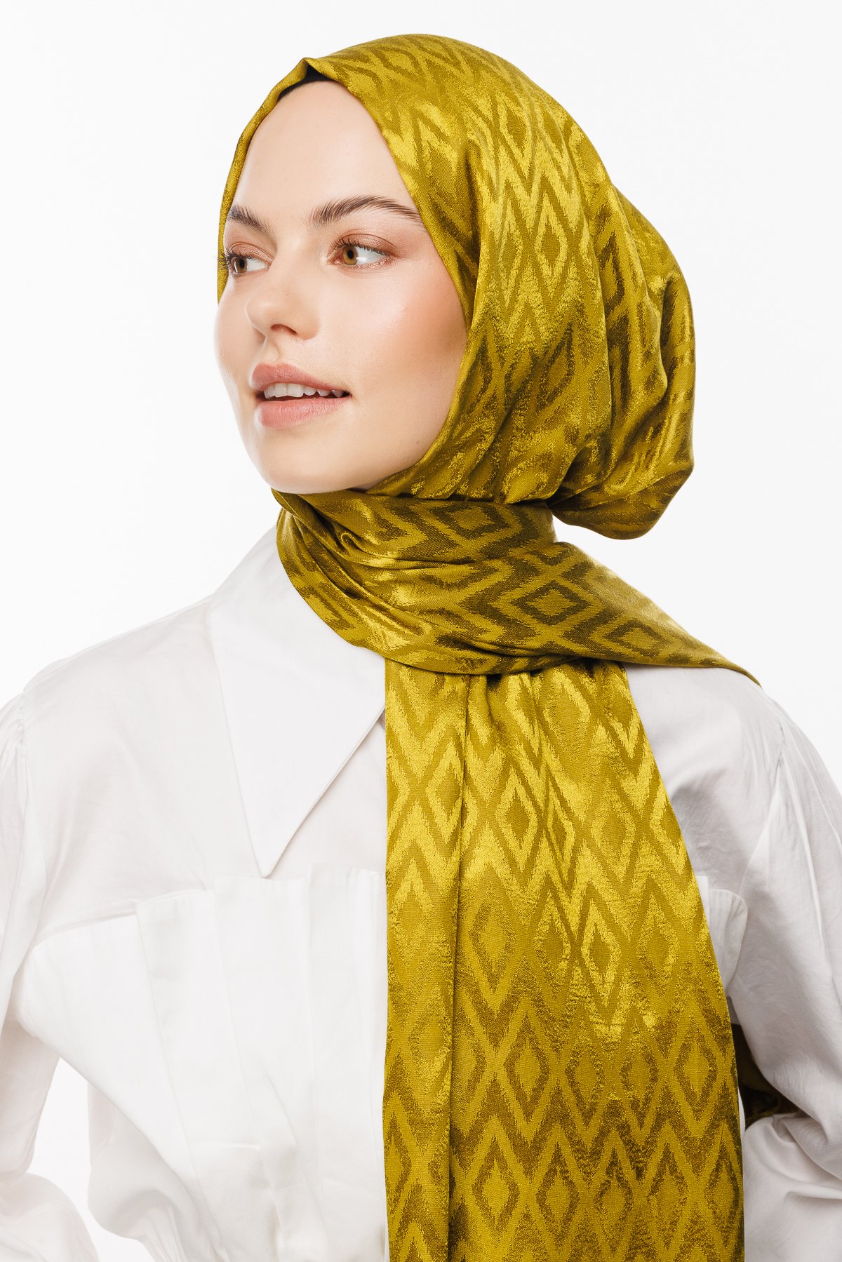 Karo Pattern Shiny Jacquard Shawl - Olive Green
