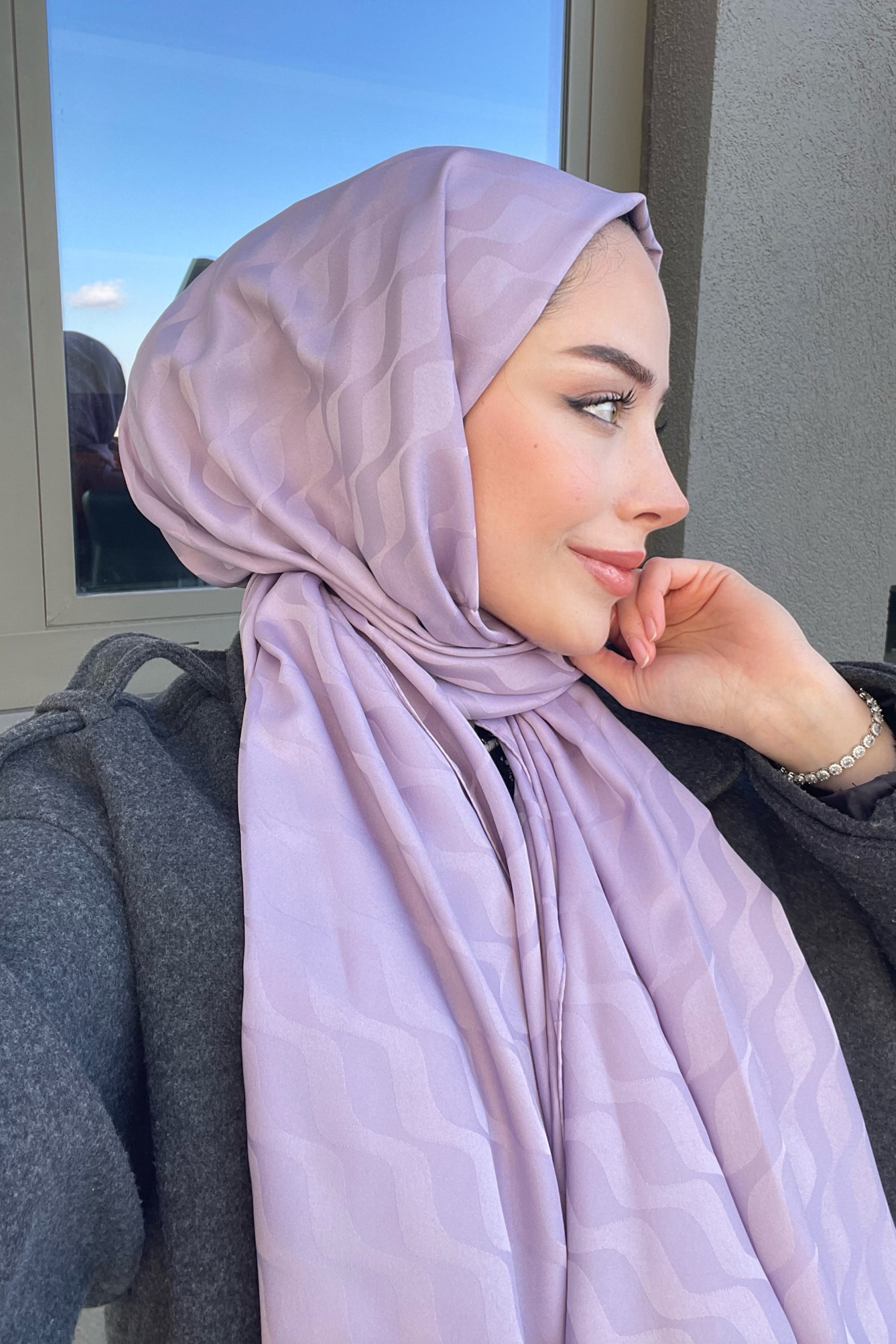 Dalga Desen İpeksi Jakar Şal - Lila