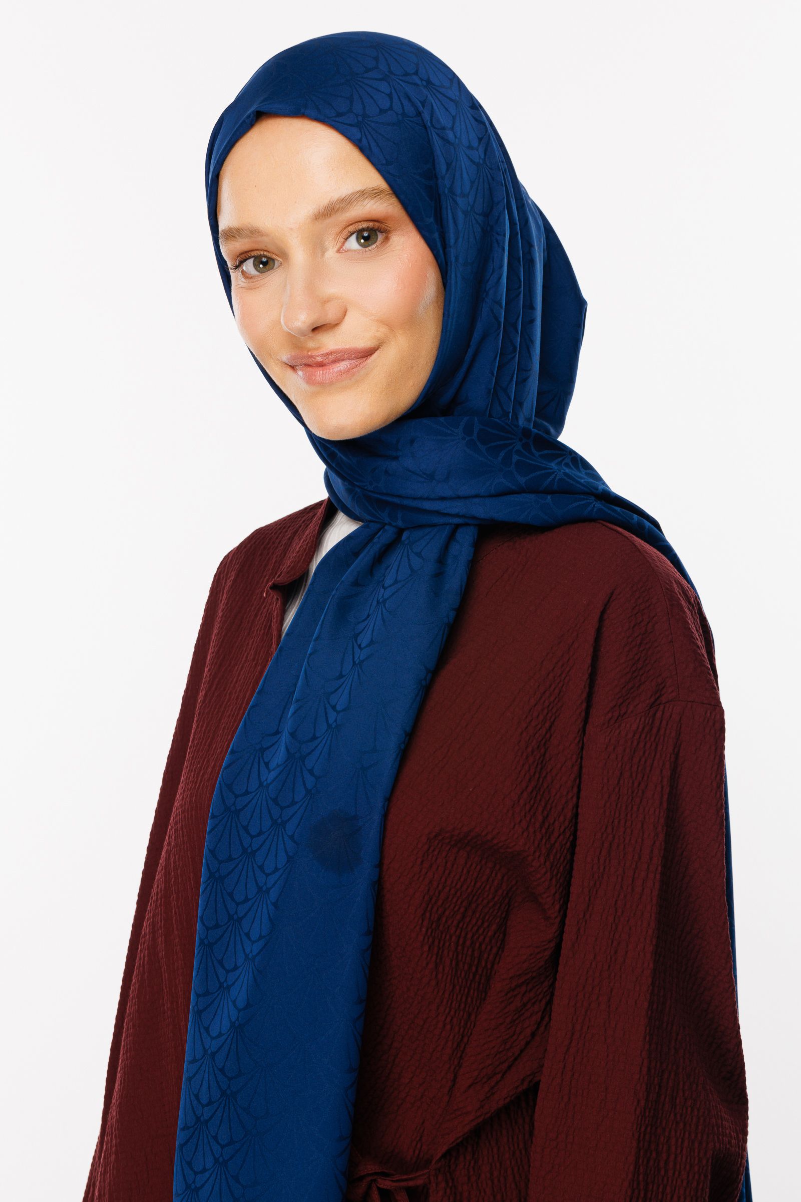 Lotus Pattern Silk Jacquard Shawl - Navyblue
