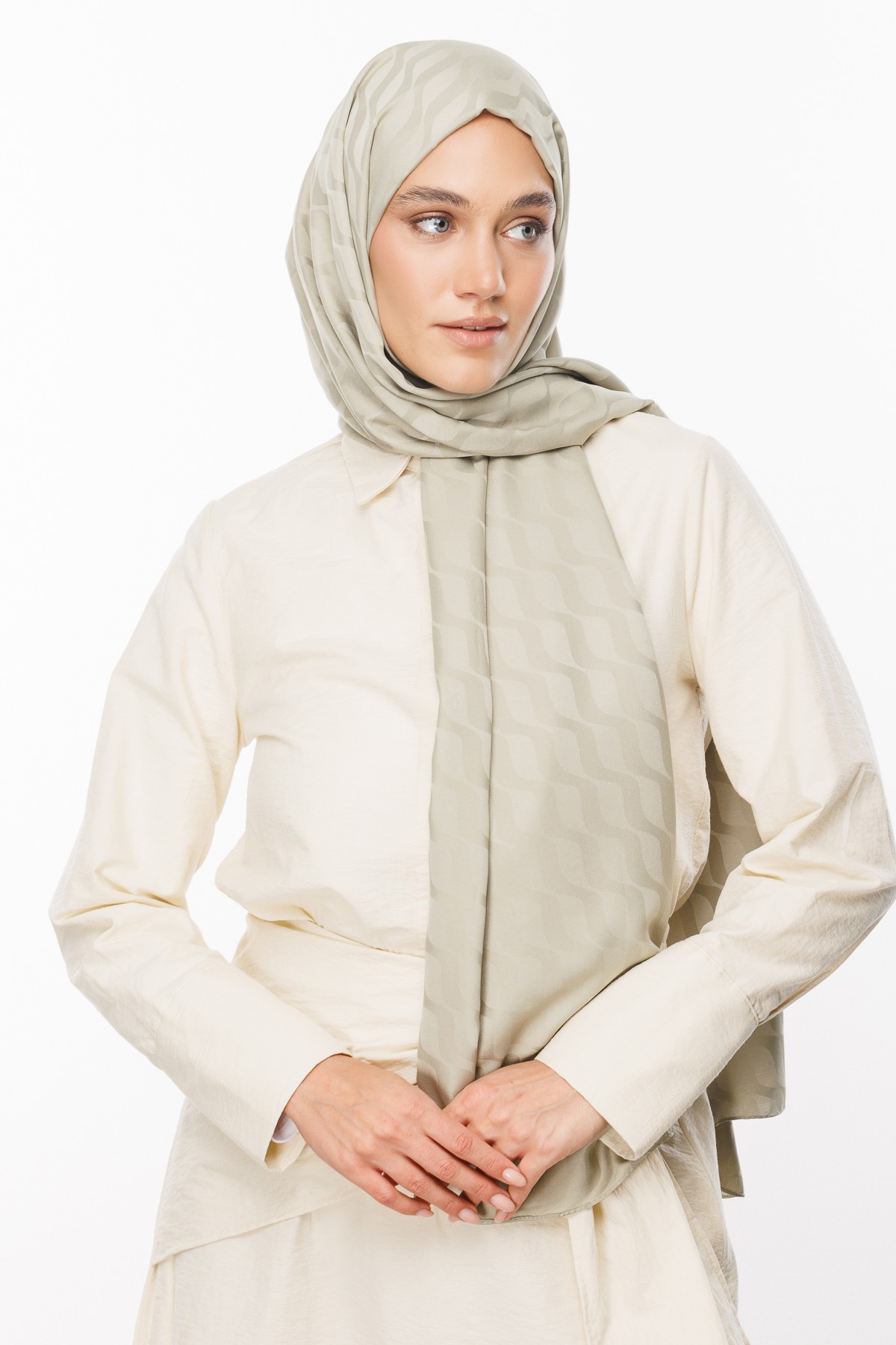 Wave Pattern Silky Jacquard Shawl - Sage