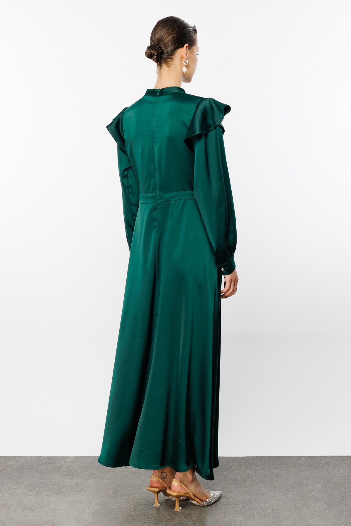 Flounce Shoulder Draped Satin Dress - Emerald
