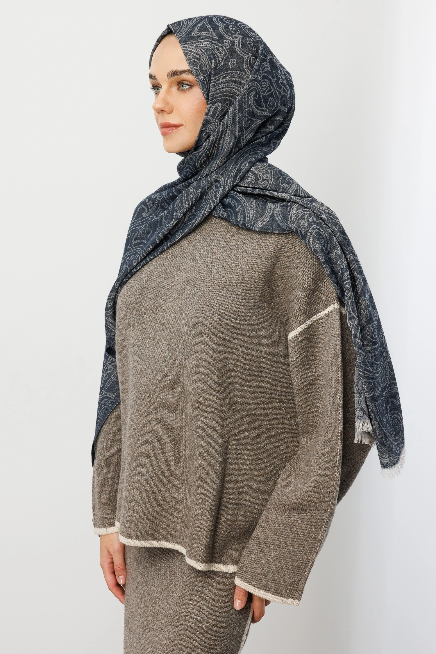 Rumi Desen Yün Kaşmir Şal - Navyblue