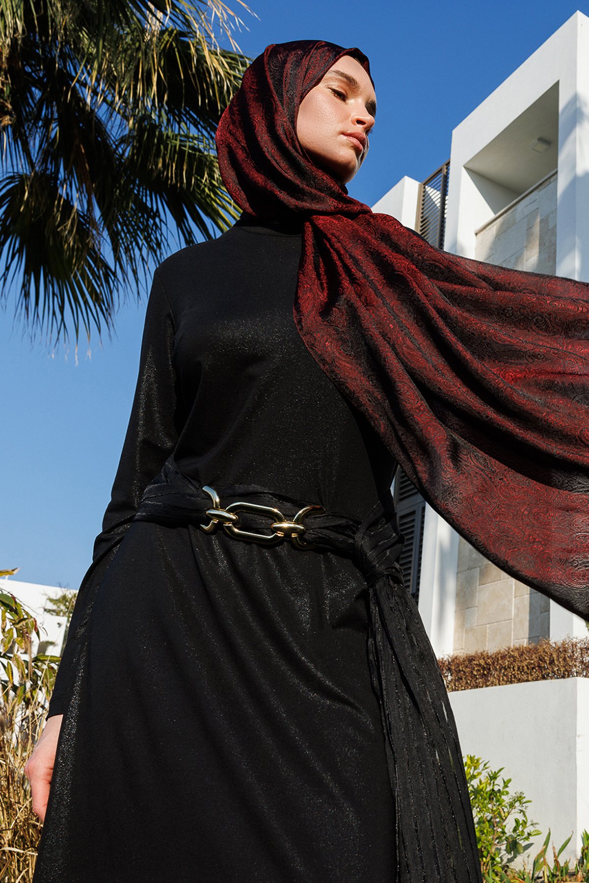 Moren Pattern Shine Line Shawl - Black-Burgundy