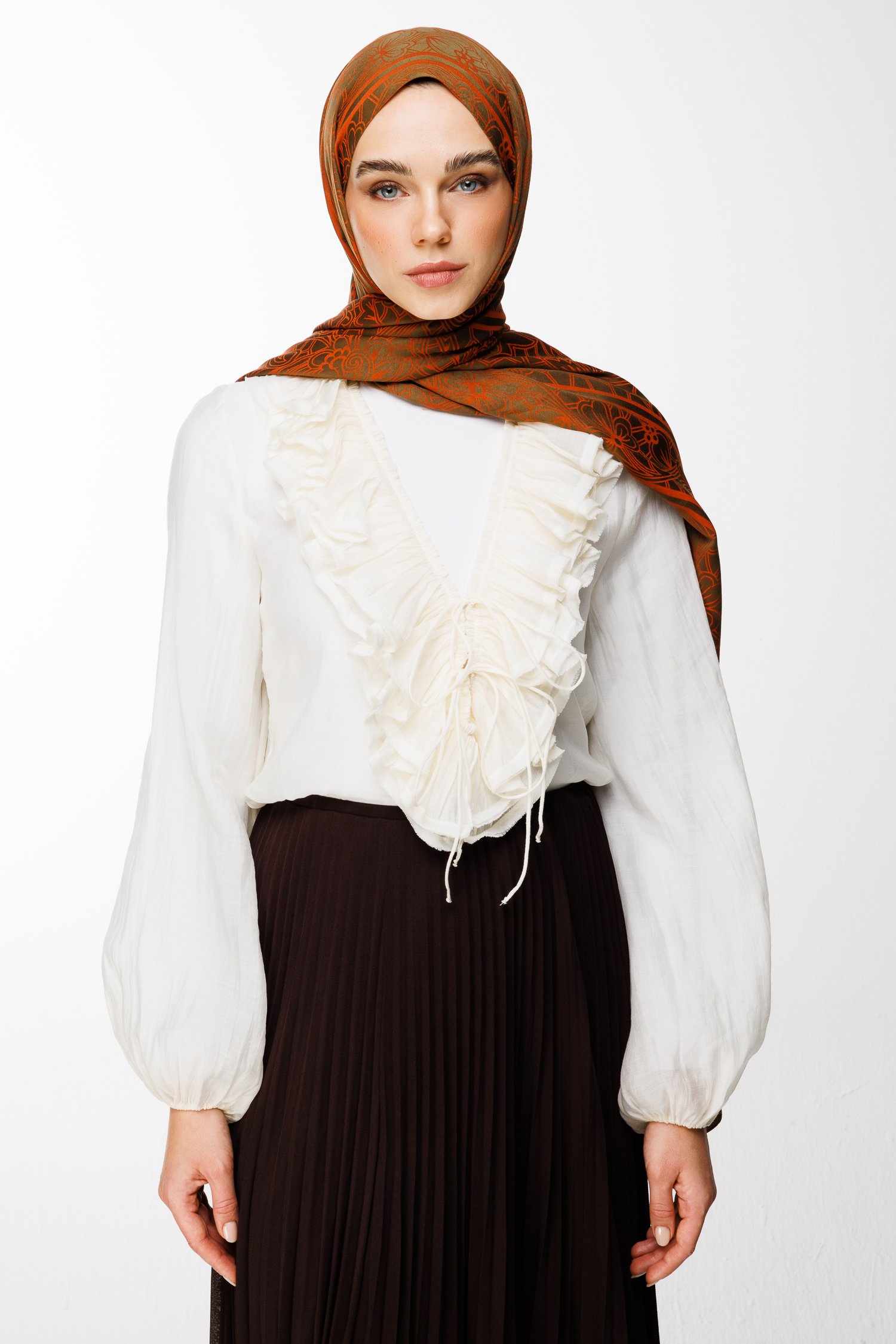 Lavin Pattern Double-Sided Shawl - Dark Khaki-Cinnamon