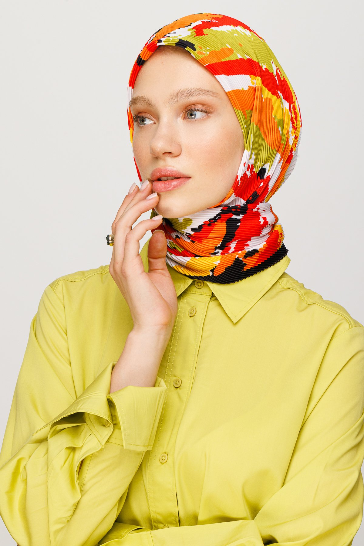 Batik Pattern Pleated Scarf - Turuncu