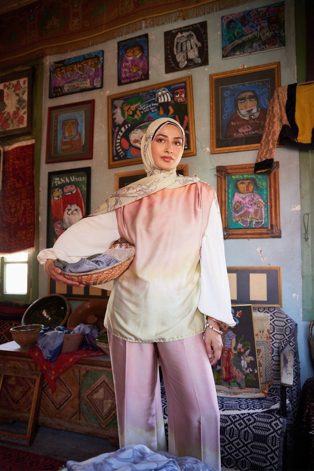 Yekta Desen Sakura İpek Şal Sarı