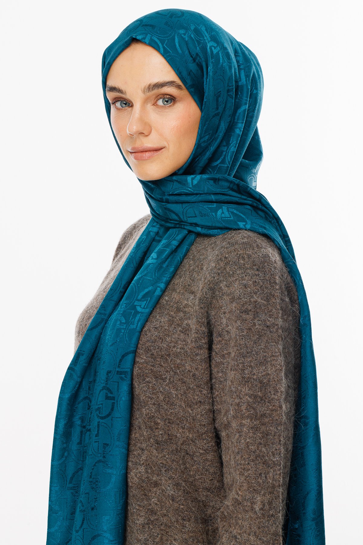 Longar Pattern Shiny Jacquard Shawl - Petrol blue