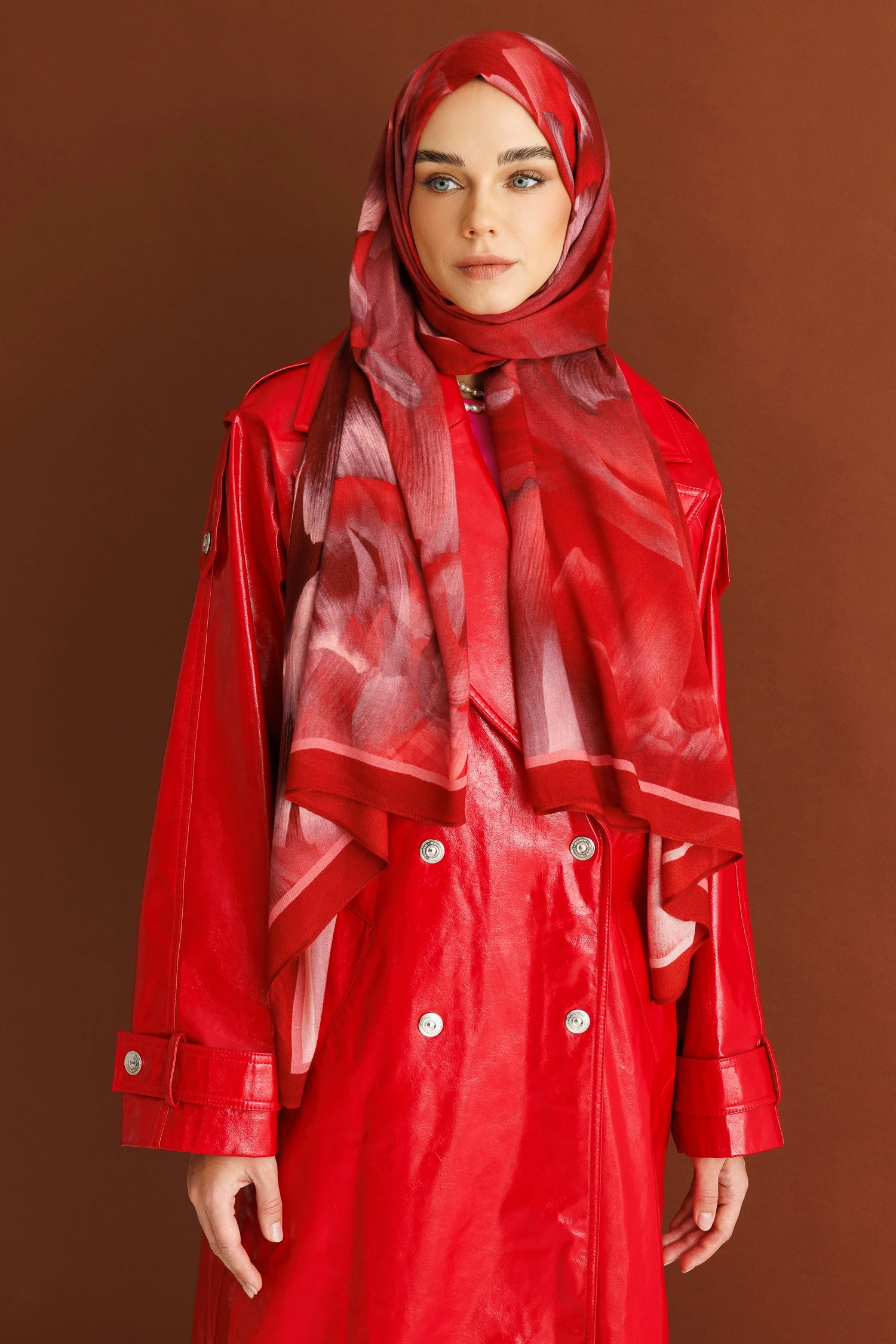 Fleur Desen Rami Şal - Burgundy