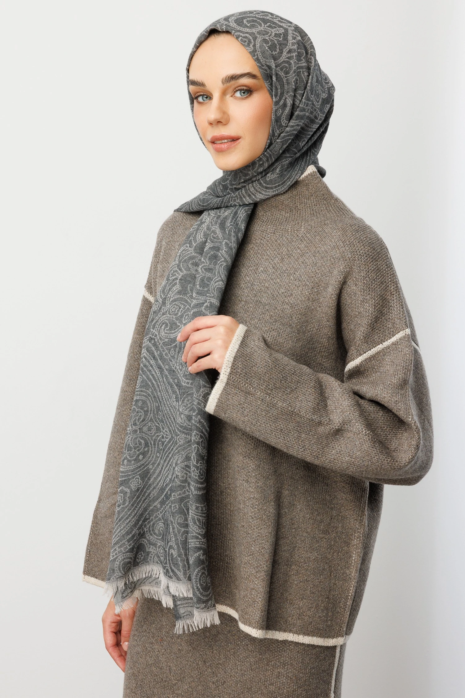 Rumi Desen Yün Kaşmir Şal - Smoked