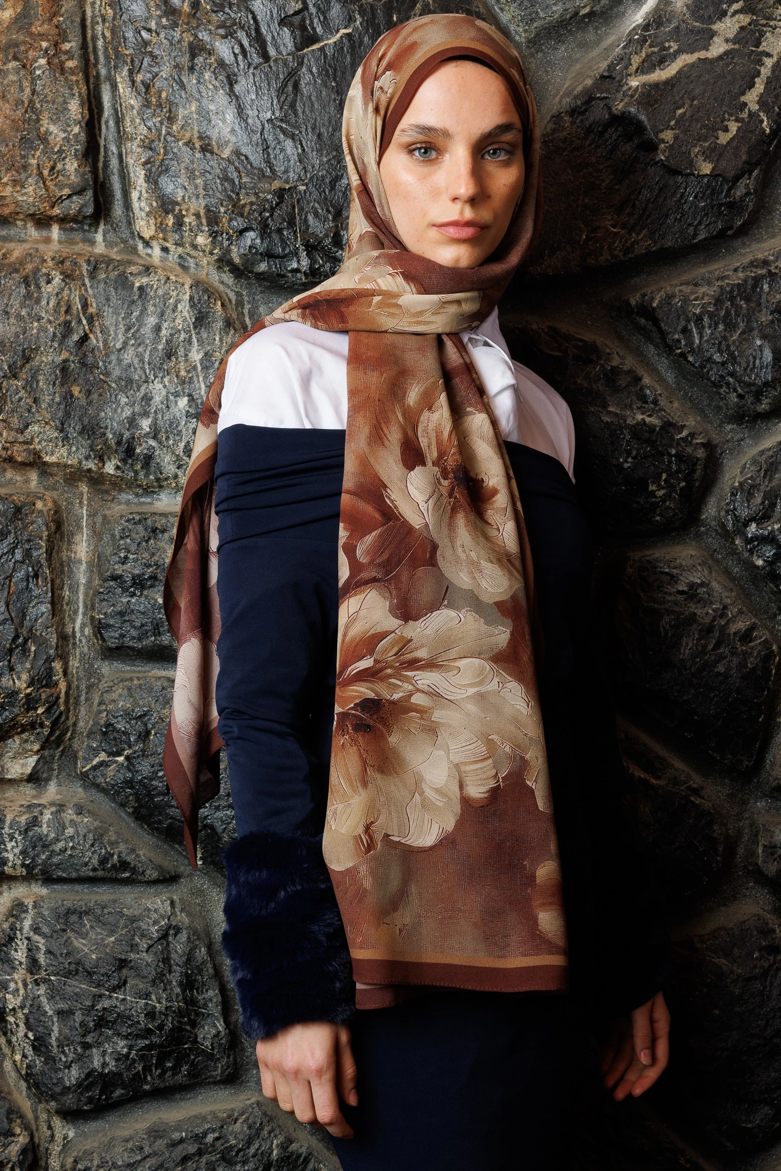 Rose Desen Hebei İpek Şal - Gül Kurusu