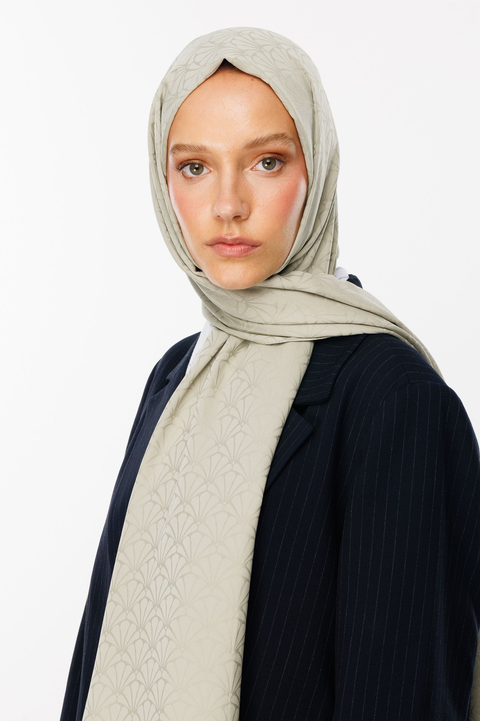 Lotus Pattern Silk Jacquard Shawl - Sage