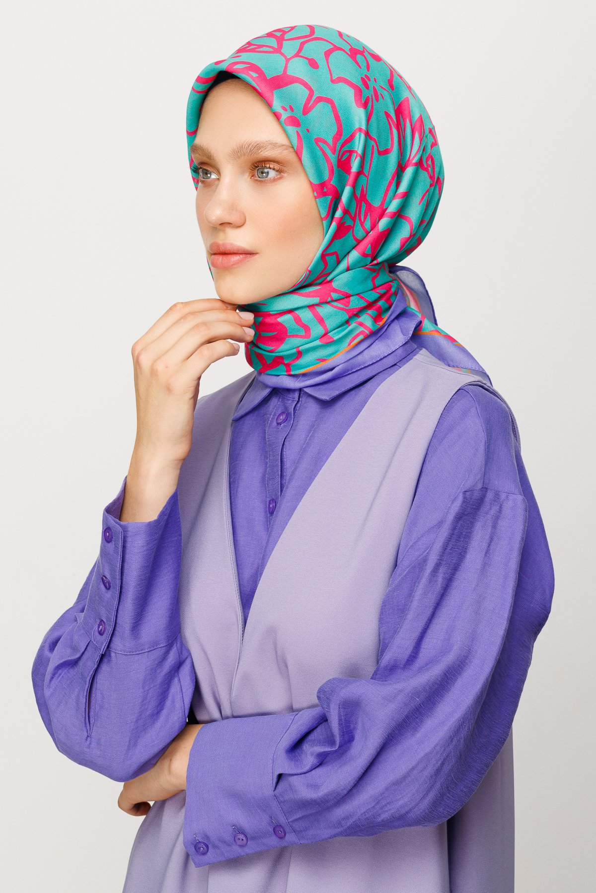 Floral Desen Dijital Soft Eşarp - Turkuaz