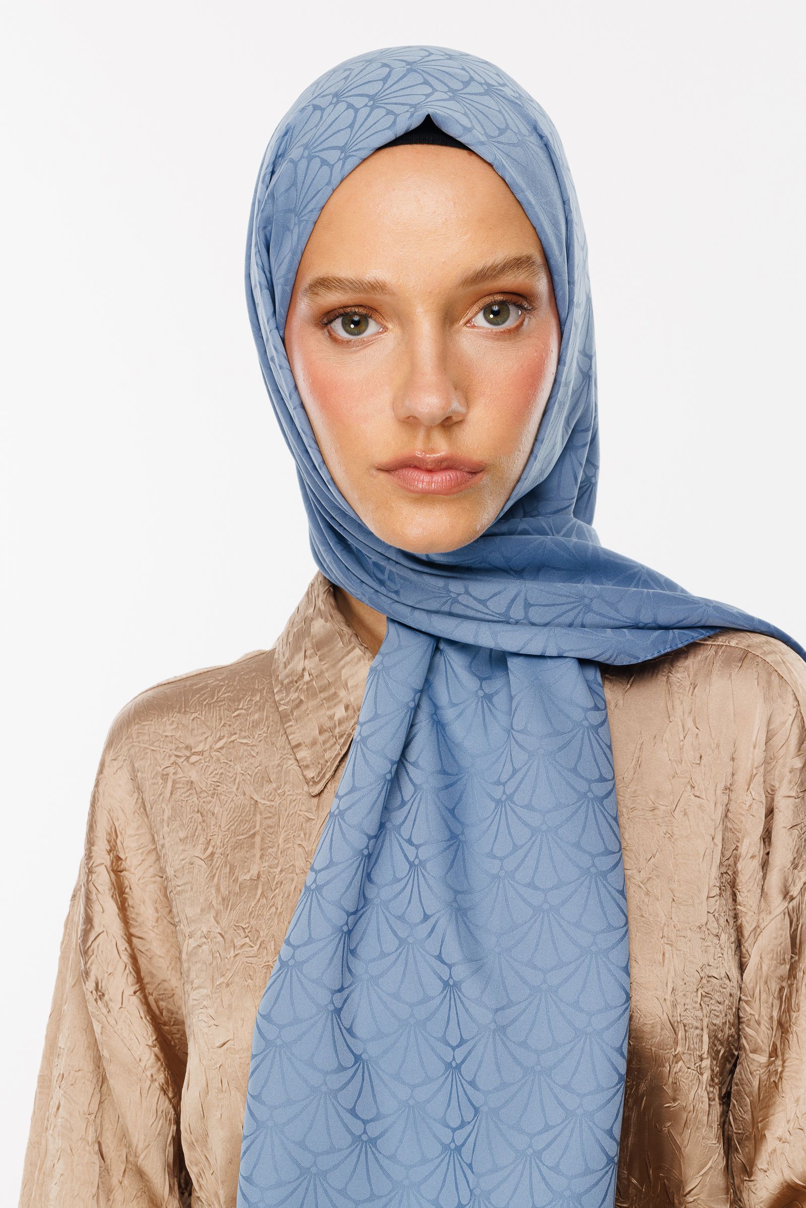 Lotus Pattern Silk Jacquard Shawl - Sky Blue