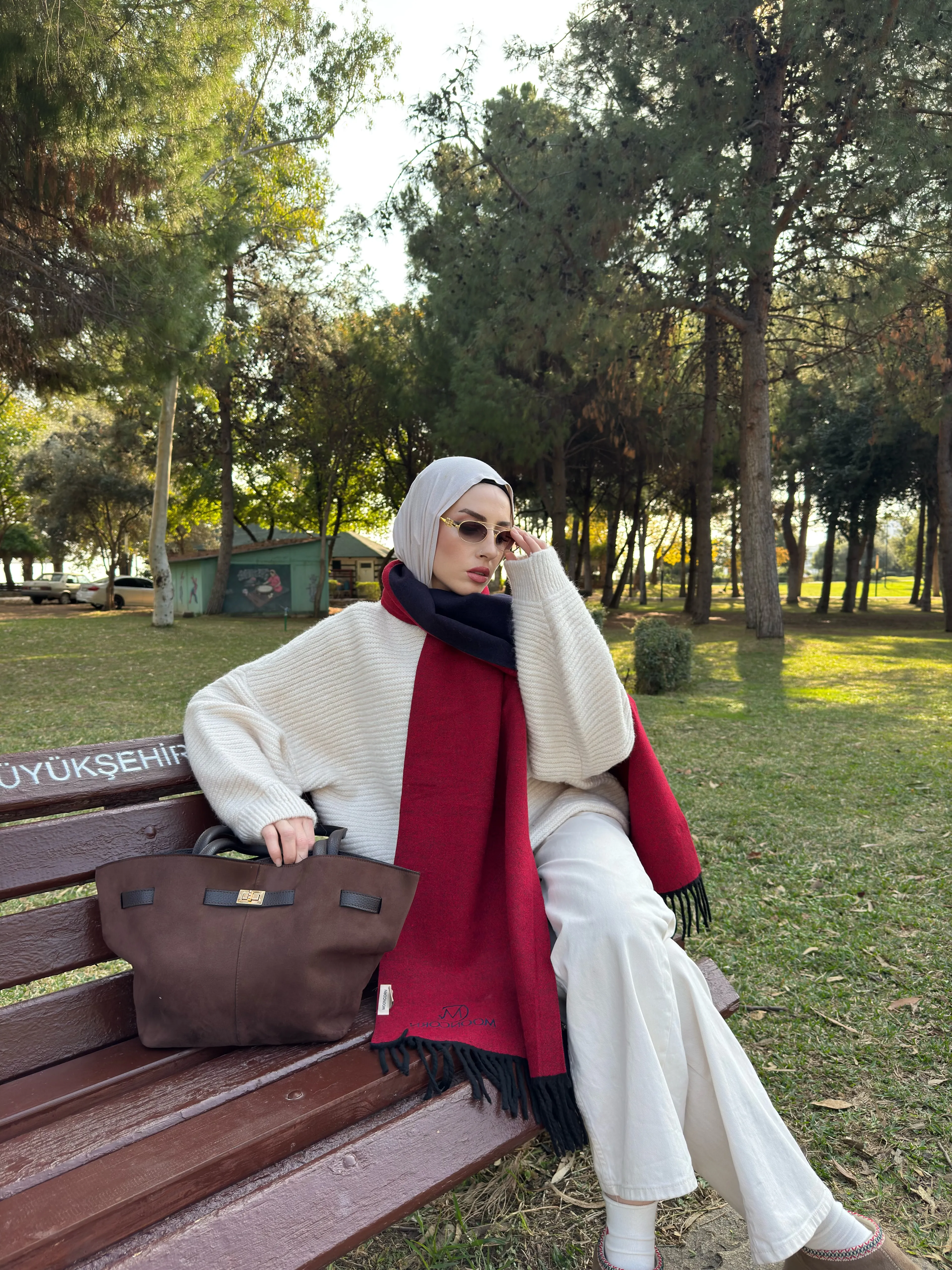 Double-Sided Wool Muffler - Lacivert Kırmızı