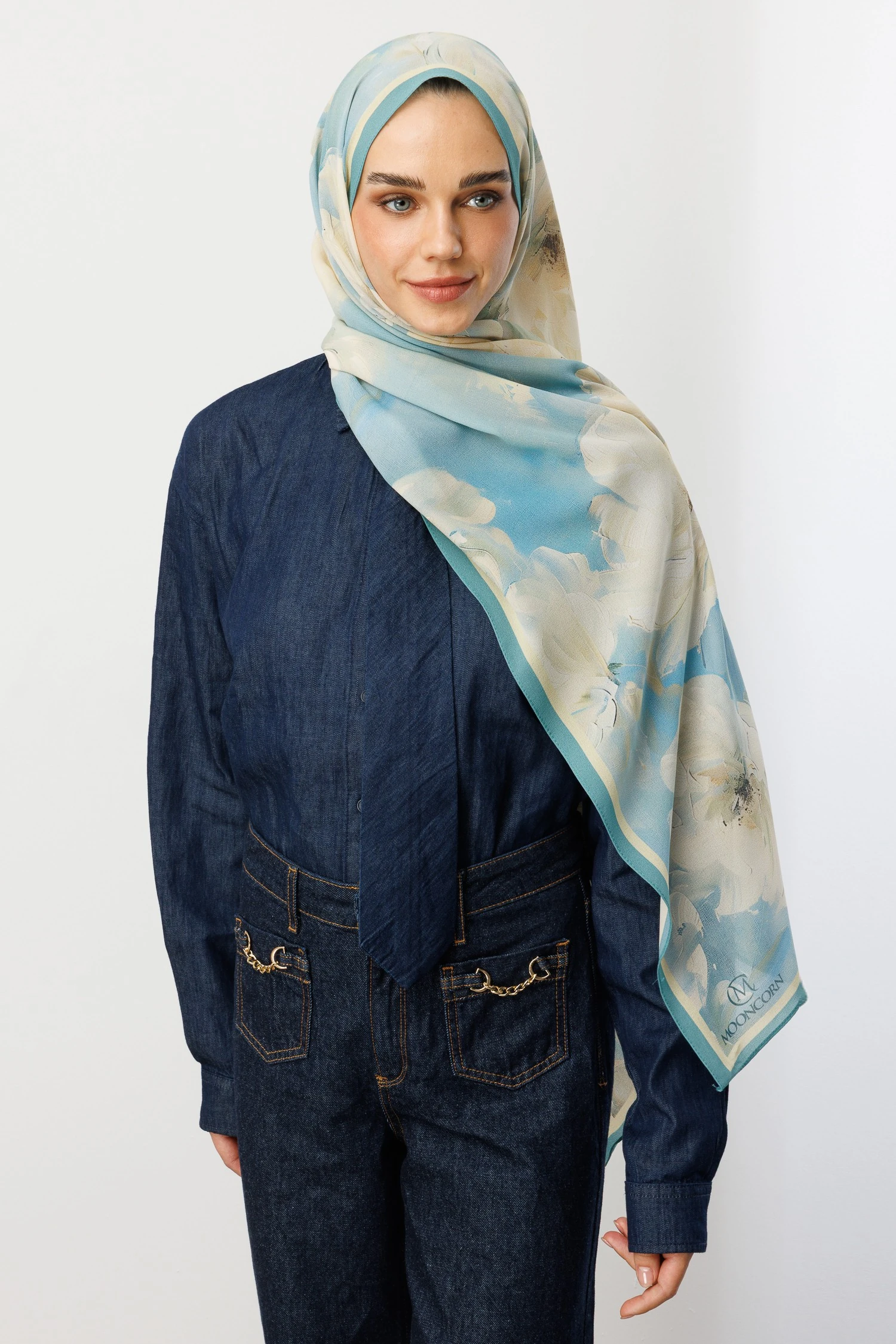 Rose Desen Hebei İpek Şal - Bebek Mavi