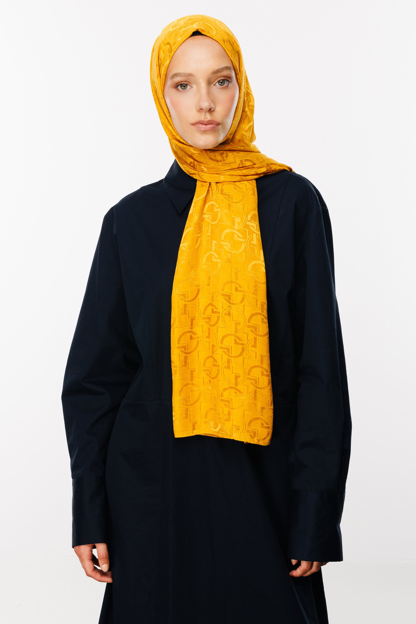 Longar Pattern Shiny Jacquard Shawl - Saffron