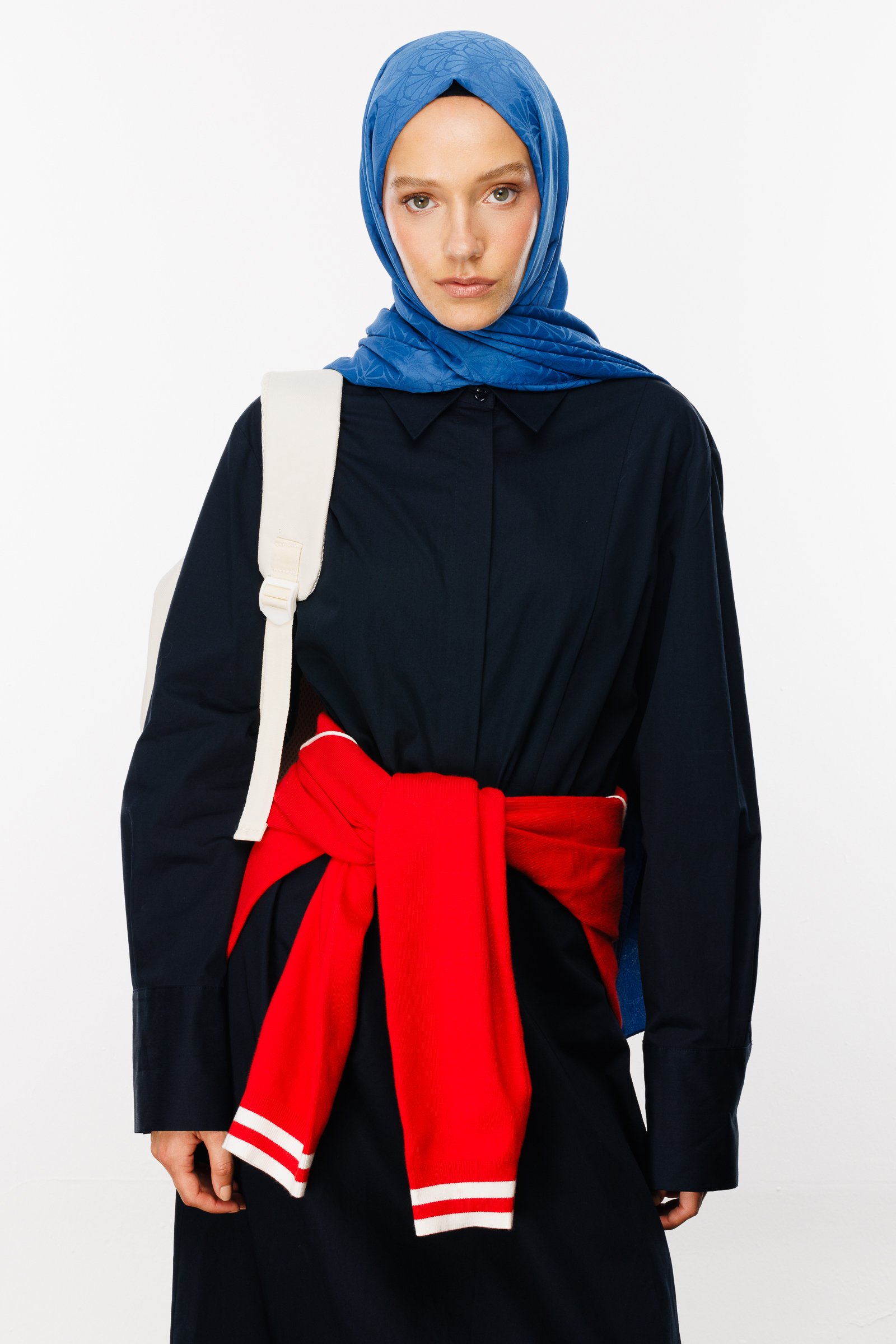 Lotus Pattern Silk Jacquard Shawl - İndigo
