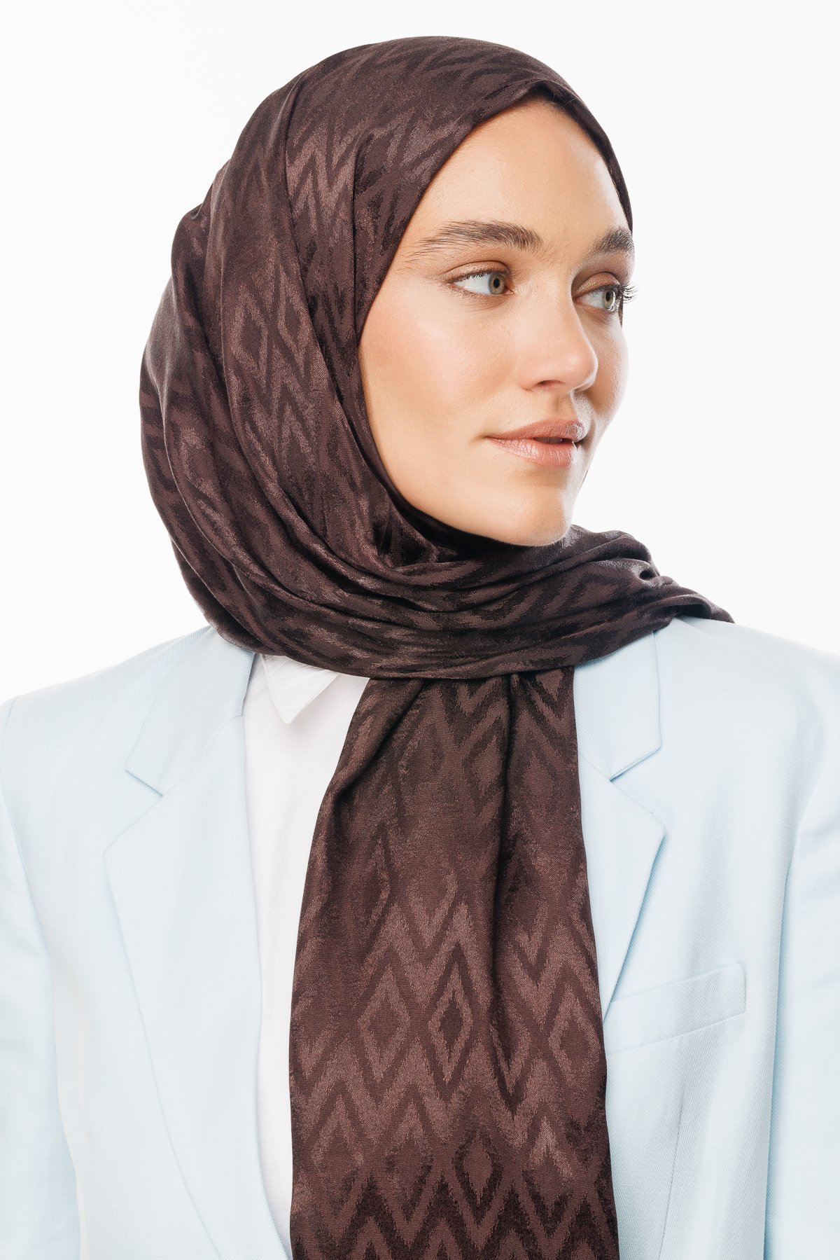 Karo Pattern Shiny Jacquard Shawl - Bitter Coffee