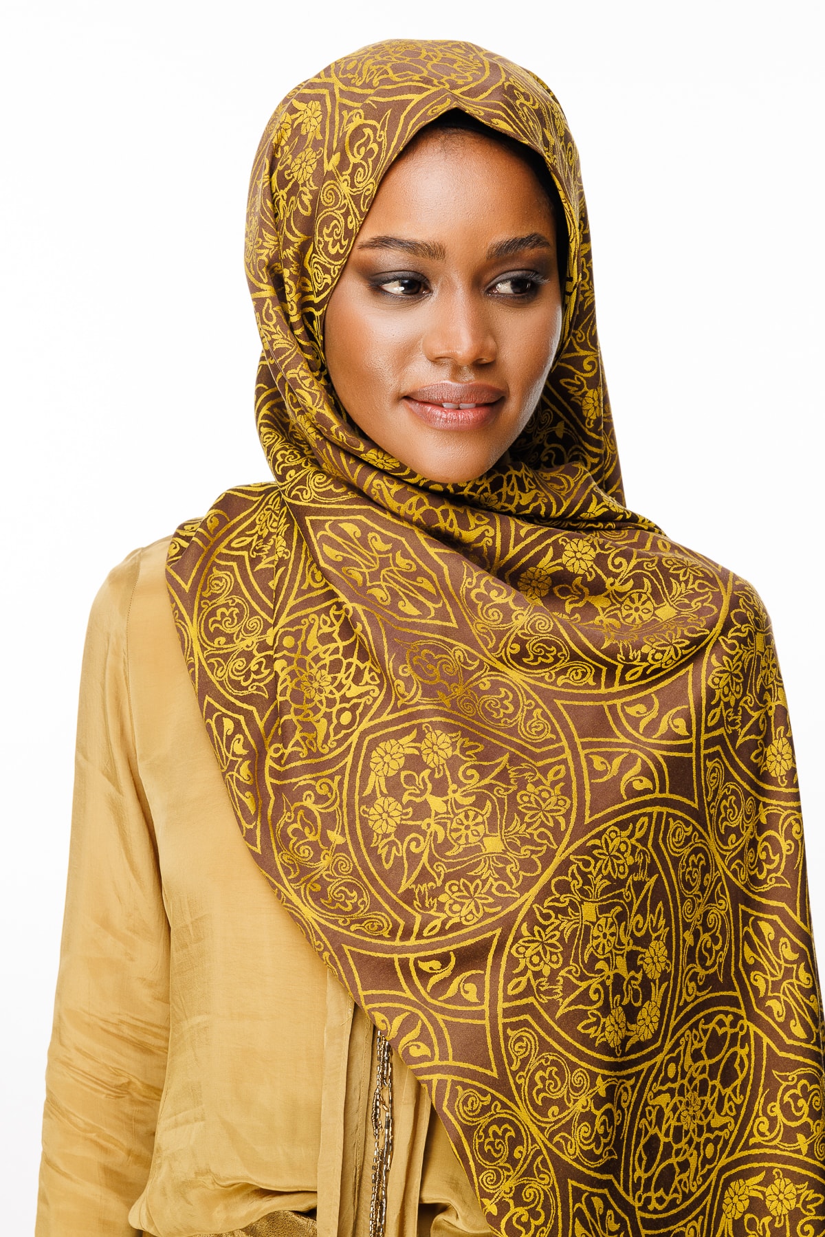 Morocco Pattern Double-Sided Shawl - Bitter Coffee-Mustard