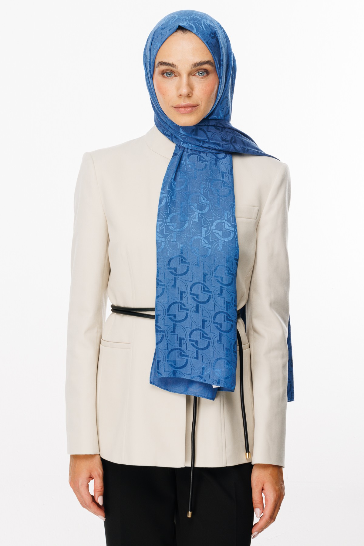 Longar Pattern Shiny Jacquard Shawl - İndigo